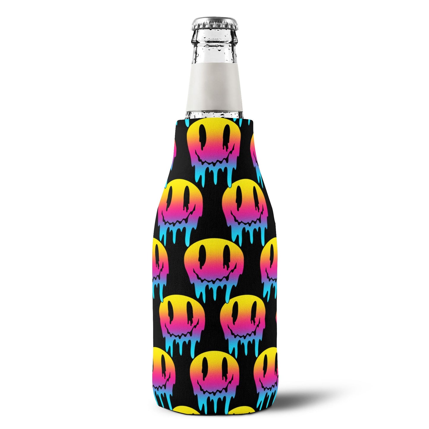 Zip-Up Bottle Cooler Sleeve — Neon Drip Smiley Can Cooler