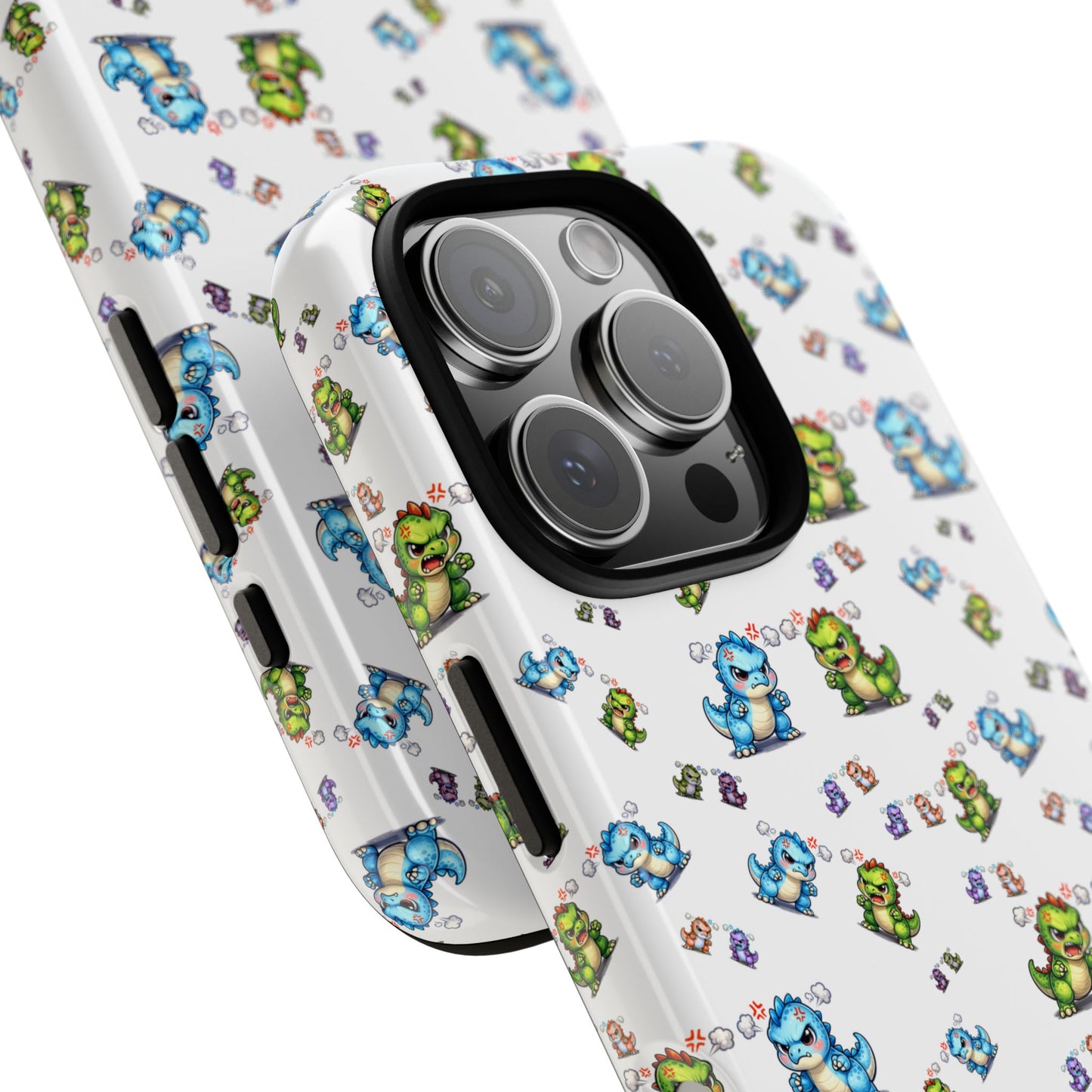 Cute Dino Pattern Phone Case — Cartoon Green & Blue Dino Tough Case, Protective iPhone Cover