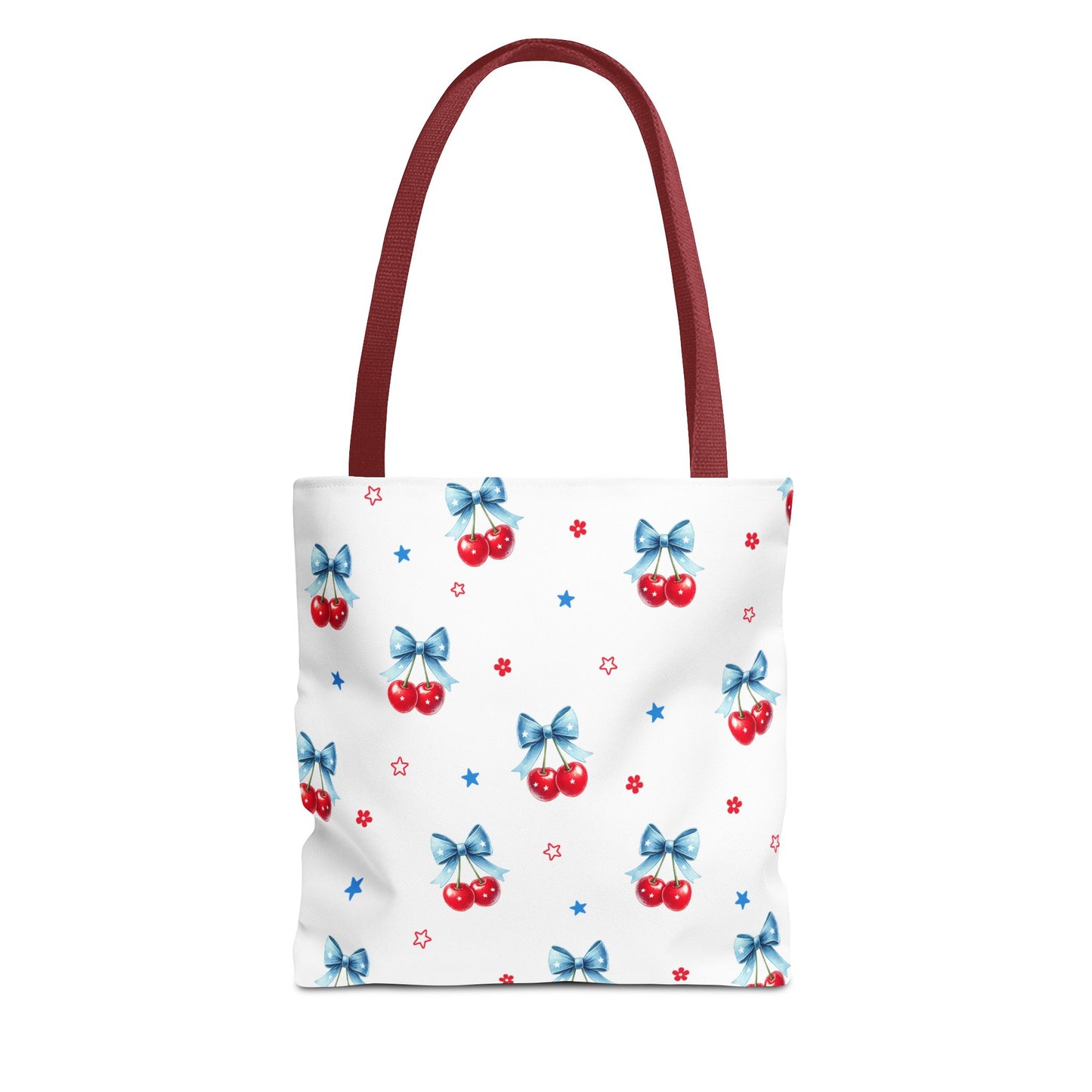 Cherry Bow Tote Bag — Cute Red Cherries with Blue Bows Patterned Shopper