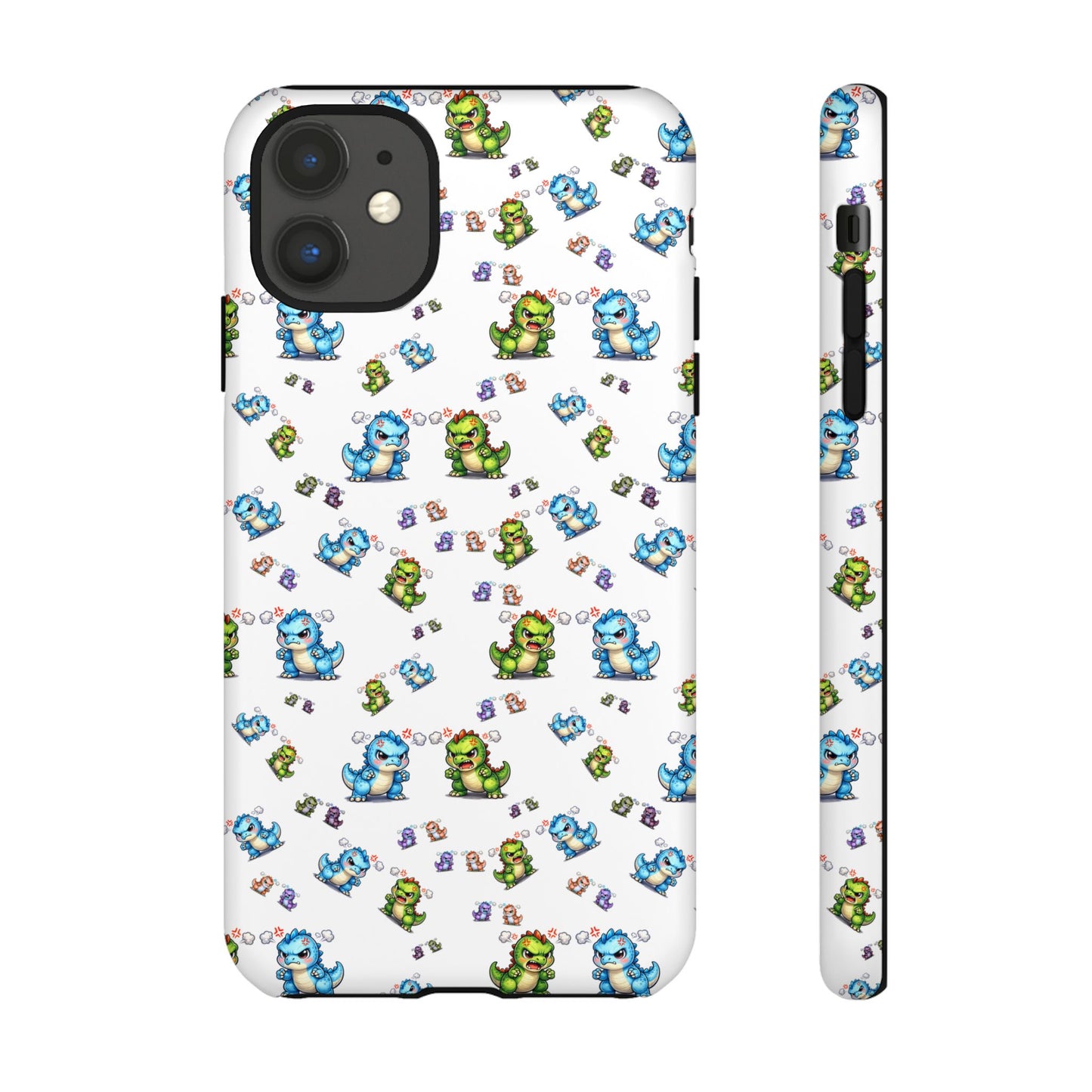 Cute Dino Pattern Phone Case — Cartoon Green & Blue Dino Tough Case, Protective iPhone Cover