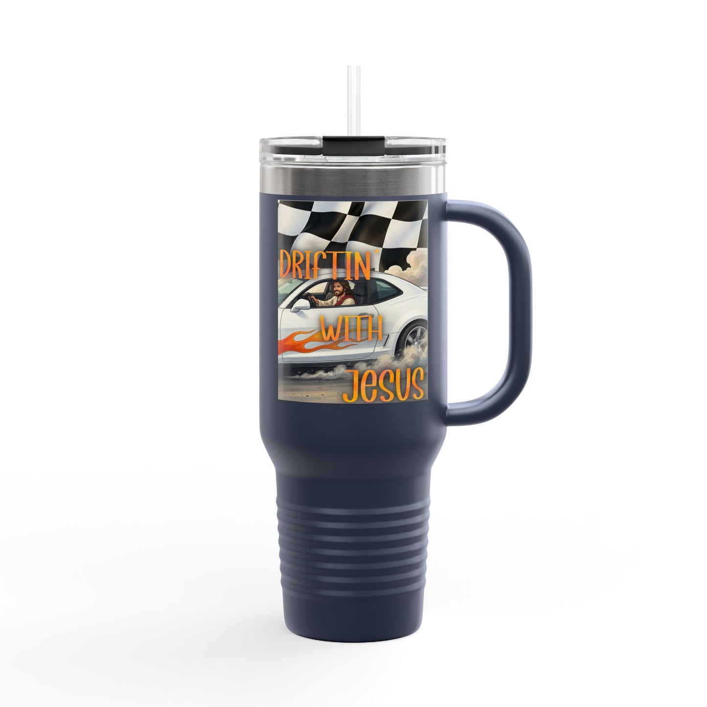 40oz Insulated Travel Mug — Vintage Race Car on Checkered Flag