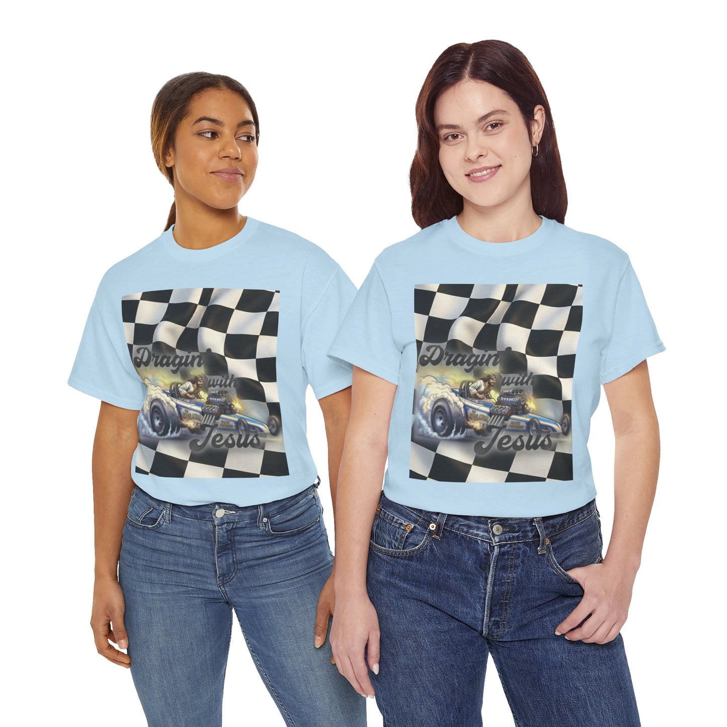 Racing Faith Tee – "Draggin' for Jesus" Checkered Flag Racing T-Shirt