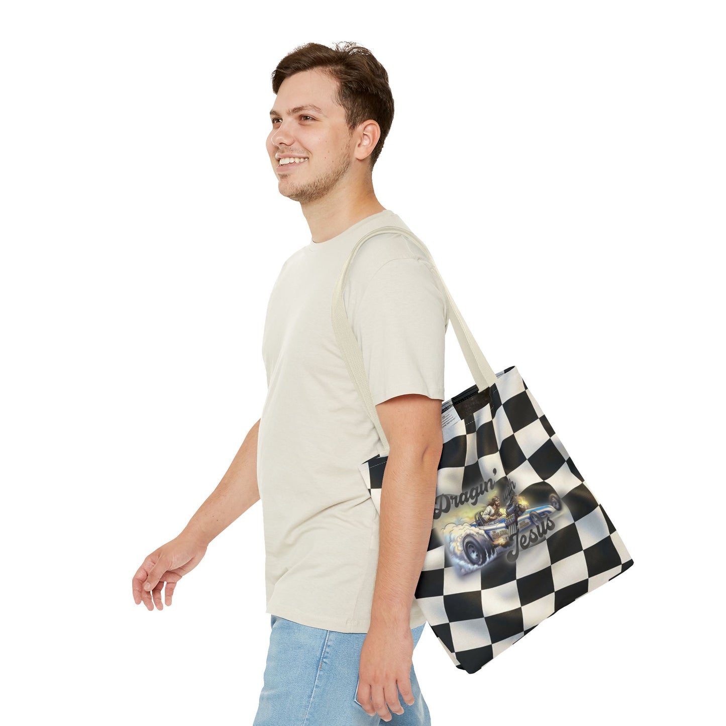 Dragin' Jesus Racing Tote Bag — Checkered Flag Vintage Hot Rod Tote
