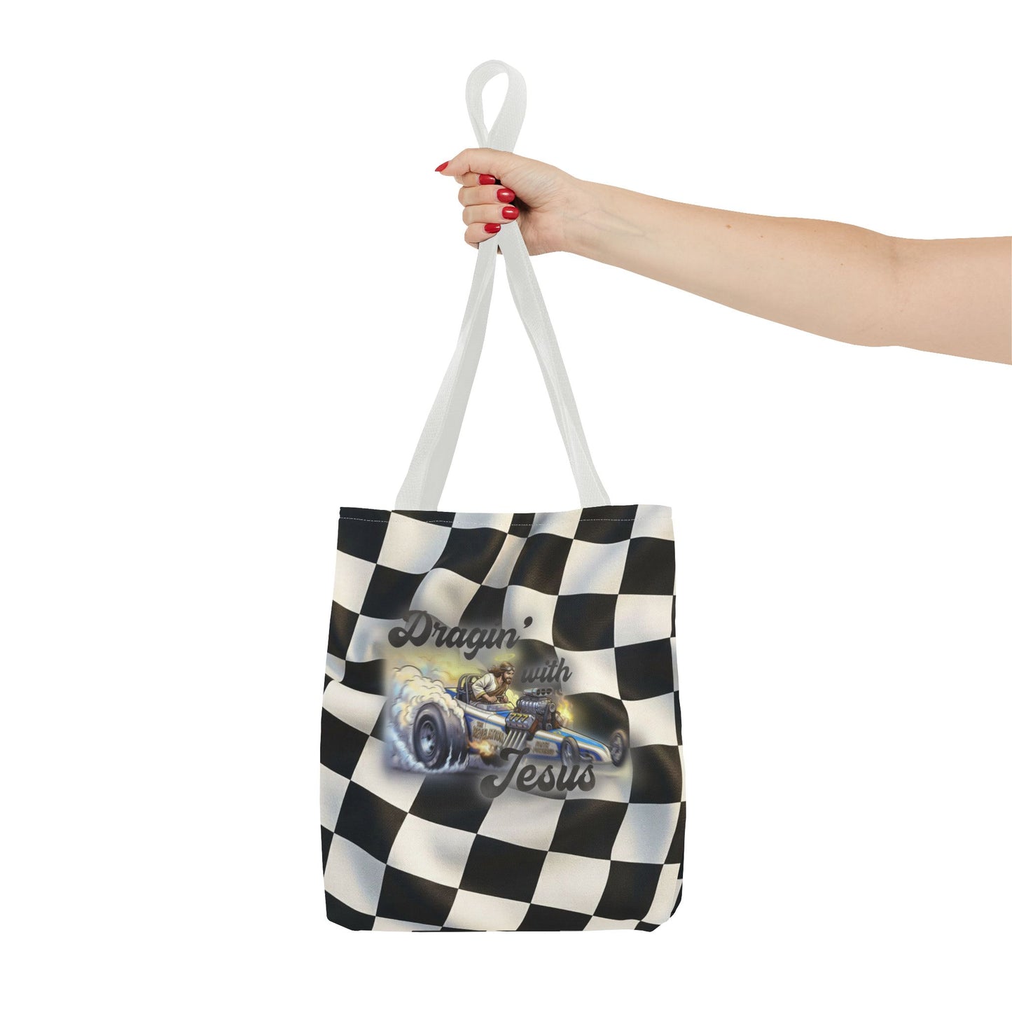 Dragin' Jesus Racing Tote Bag — Checkered Flag Vintage Hot Rod Tote