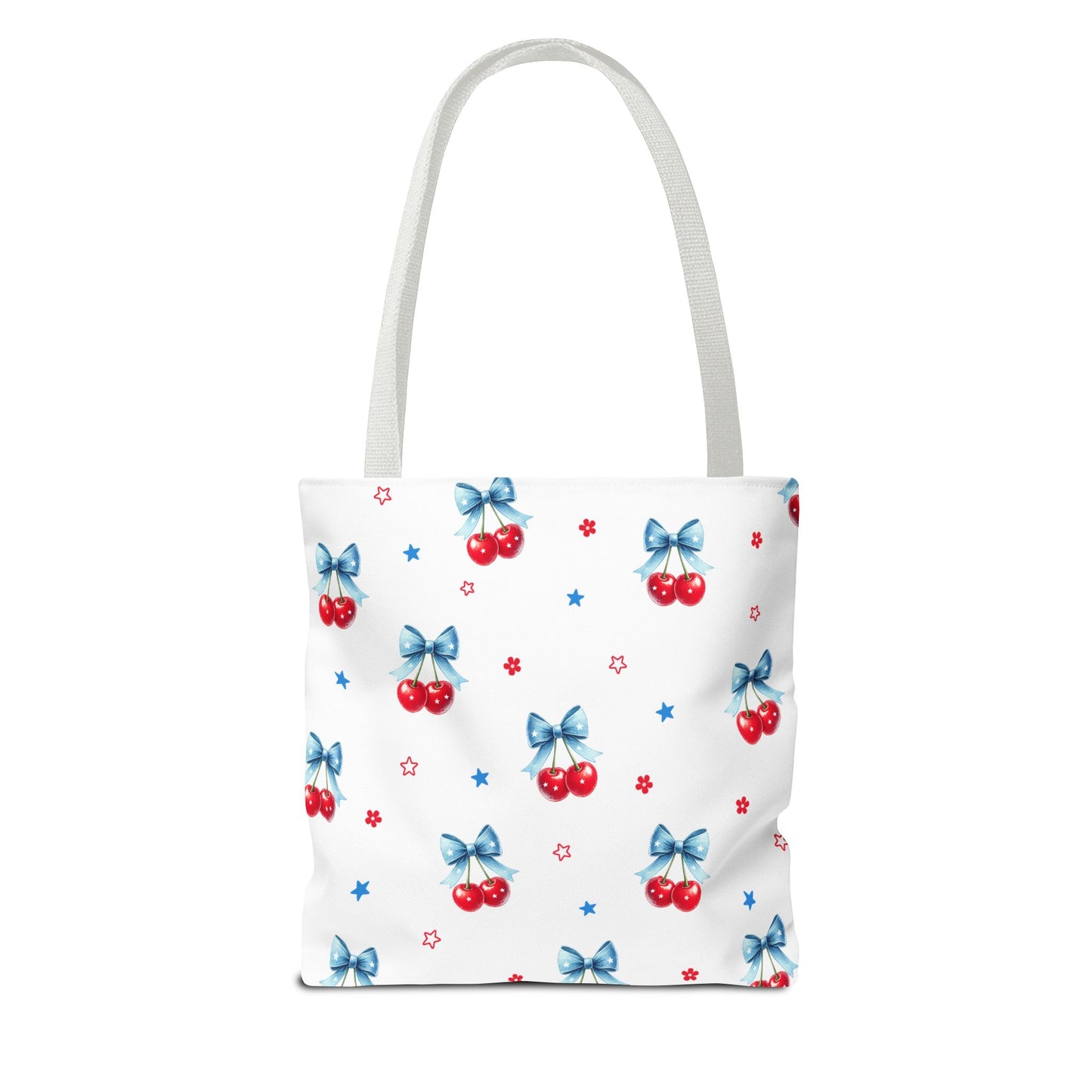 Cherry Bow Tote Bag — Cute Red Cherries with Blue Bows Patterned Shopper