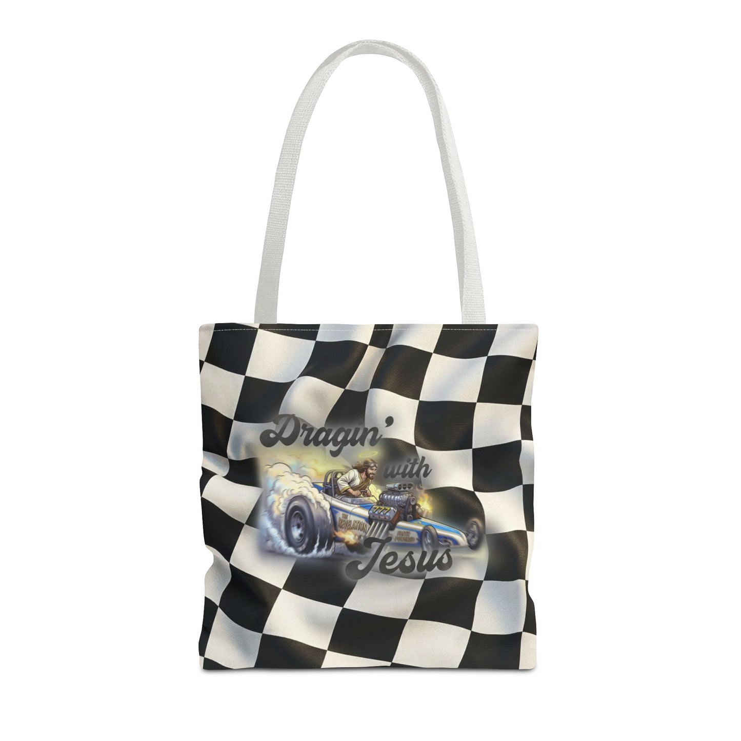 Dragin' Jesus Racing Tote Bag — Checkered Flag Vintage Hot Rod Tote