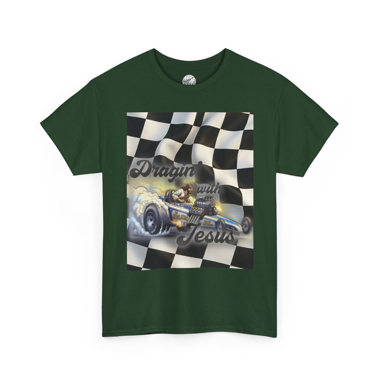 Racing Faith Tee – "Draggin' for Jesus" Checkered Flag Racing T-Shirt