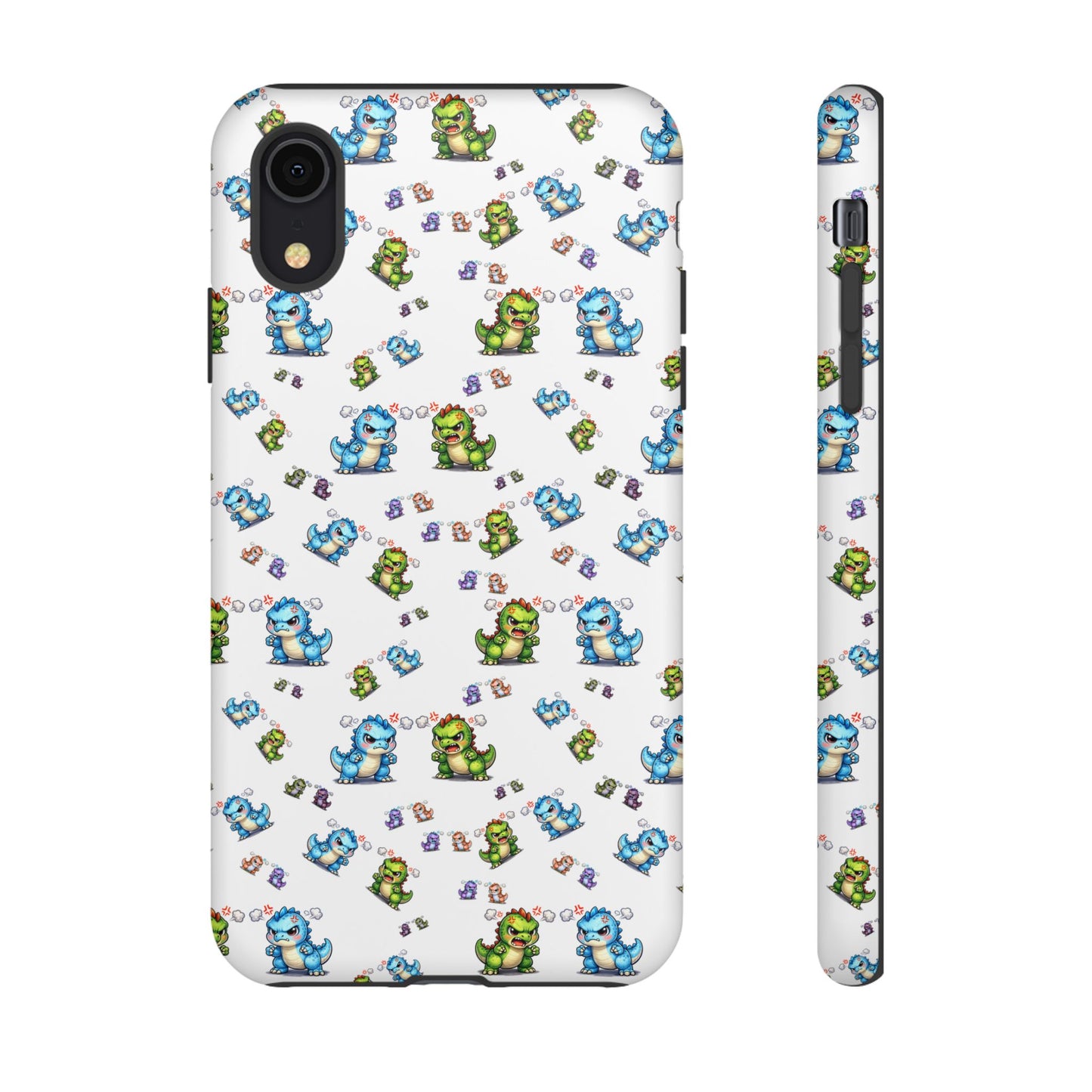 Cute Dino Pattern Phone Case — Cartoon Green & Blue Dino Tough Case, Protective iPhone Cover