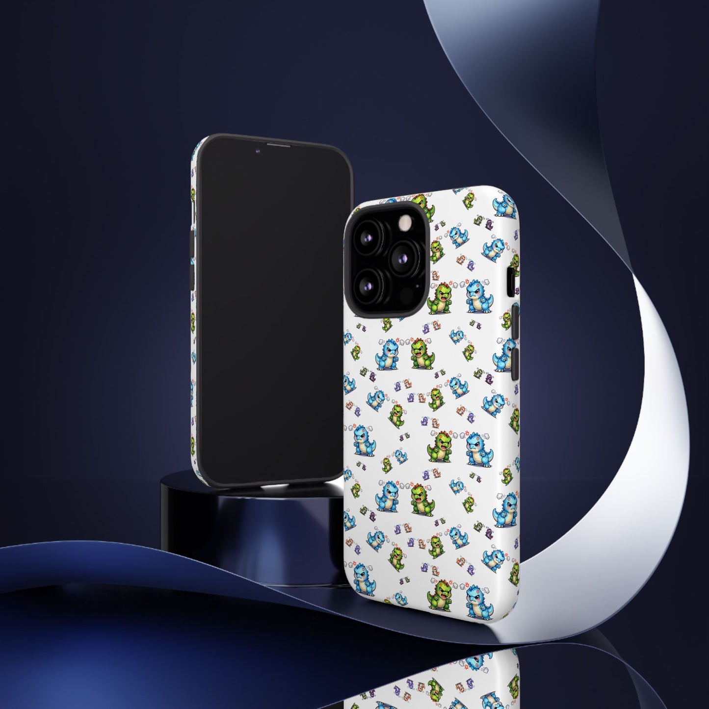 Cute Dino Pattern Phone Case — Cartoon Green & Blue Dino Tough Case, Protective iPhone Cover
