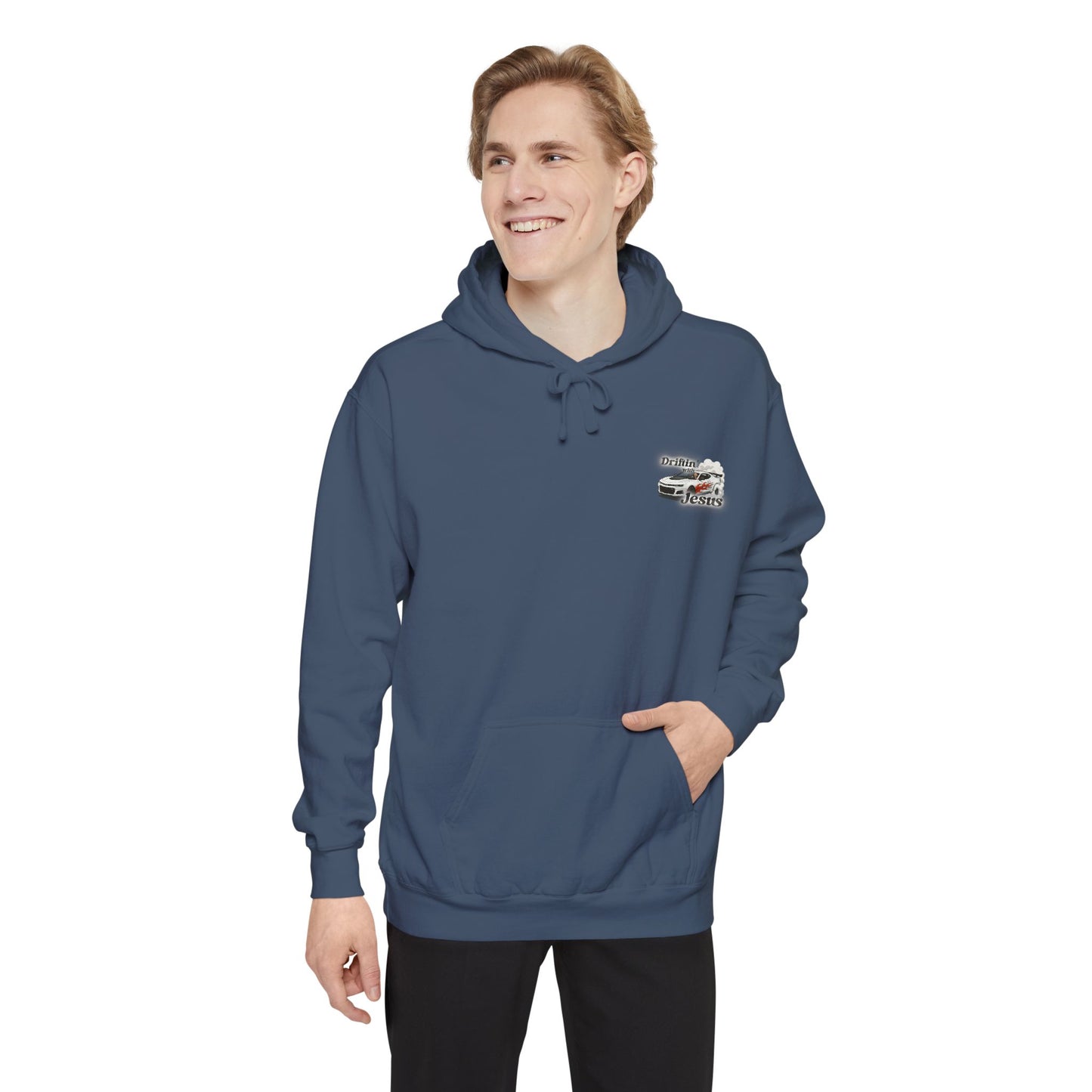 Classic Car Hoodie — Small Chest Graphic “drifting with jesus" Pullover