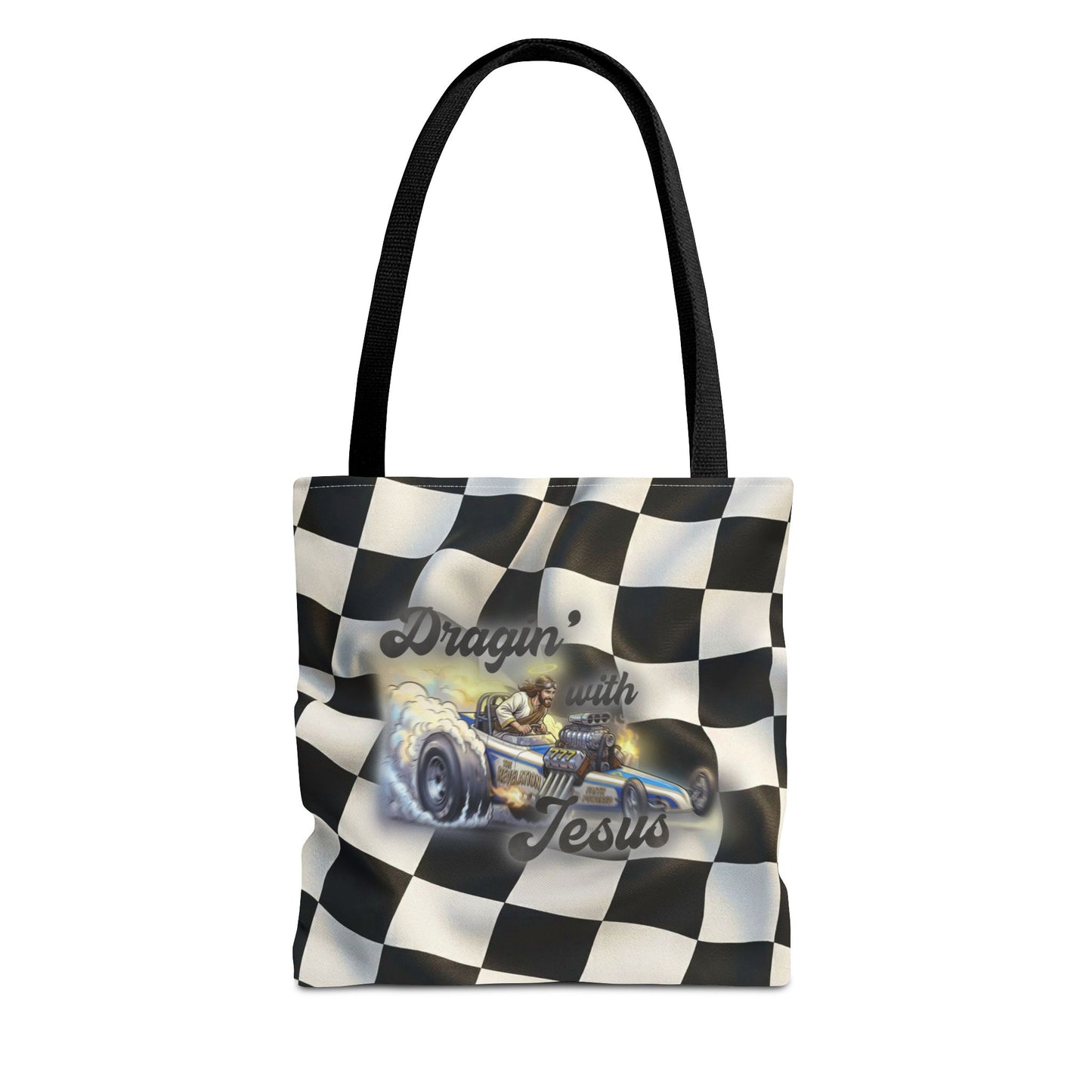 Dragin' Jesus Racing Tote Bag — Checkered Flag Vintage Hot Rod Tote