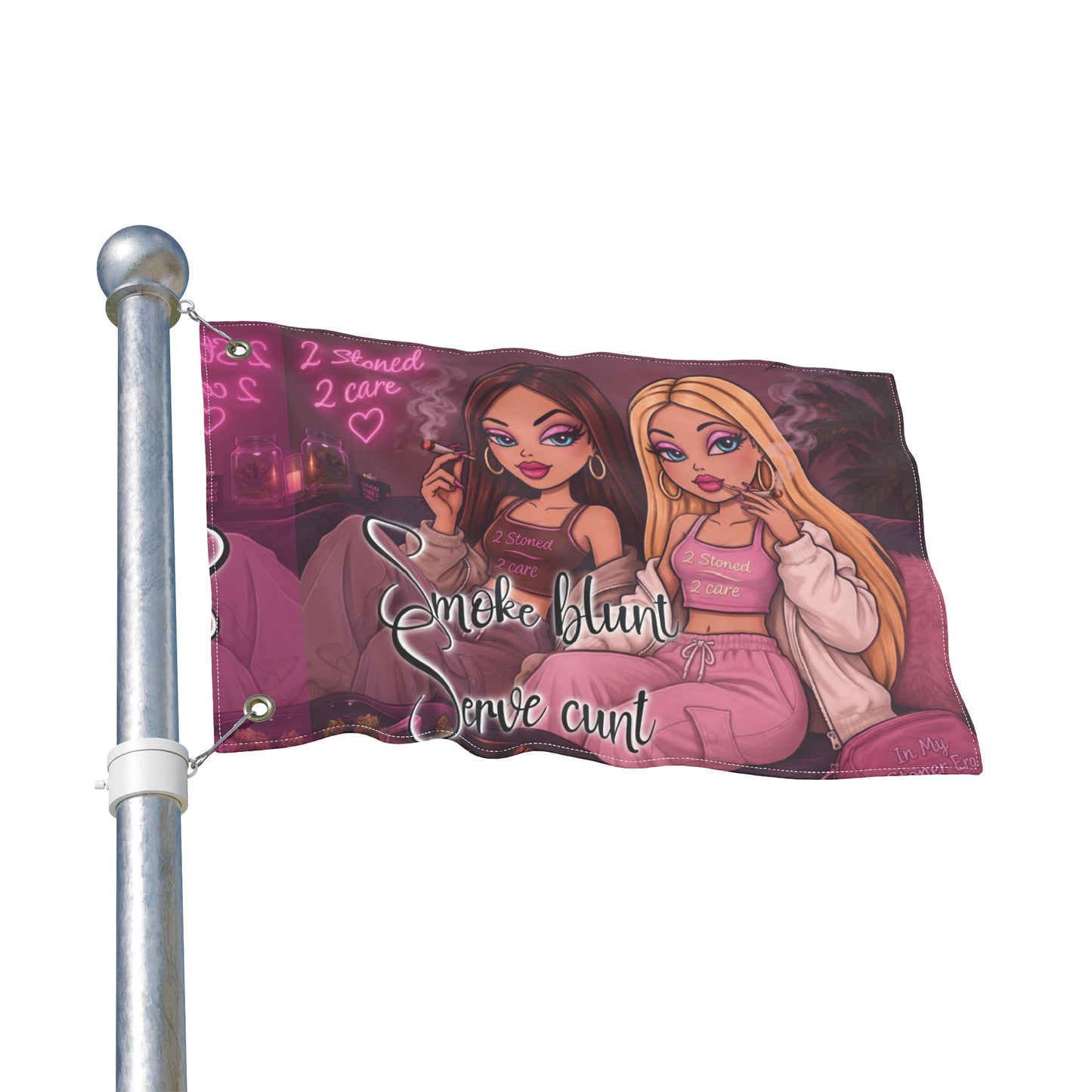 Double-Sided Flag - 'Smoke blunt Serve cunt' Pink Stoner Girl Decorative Garden Banner