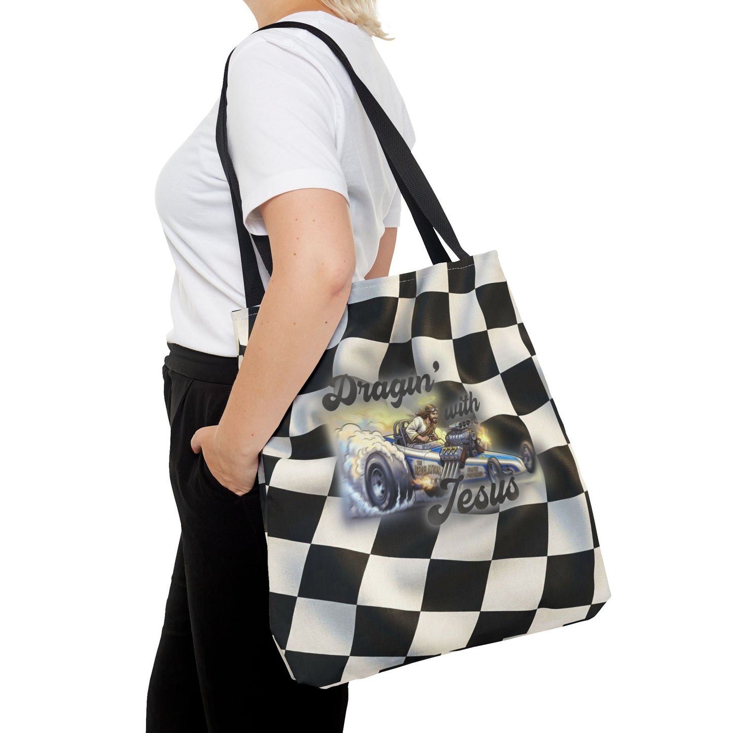 Dragin' Jesus Racing Tote Bag — Checkered Flag Vintage Hot Rod Tote