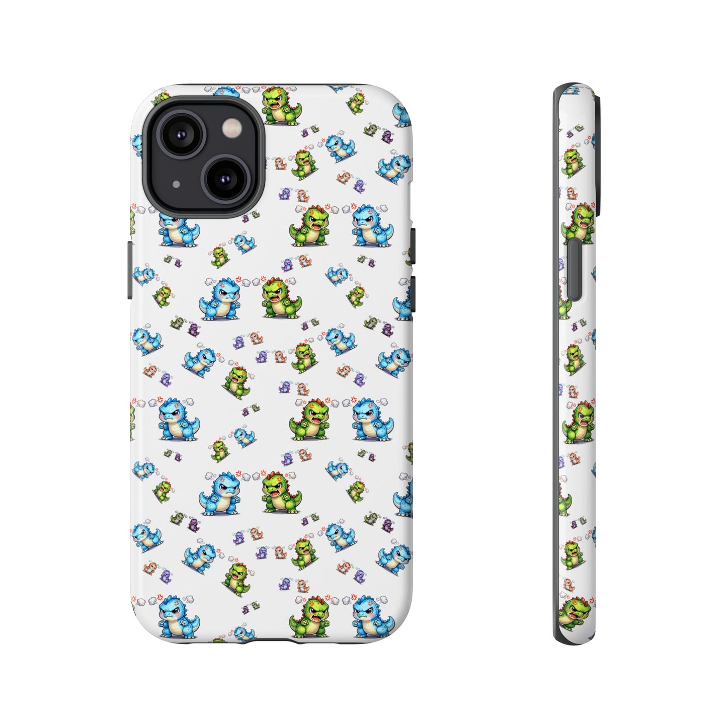 Cute Dino Pattern Phone Case — Cartoon Green & Blue Dino Tough Case, Protective iPhone Cover