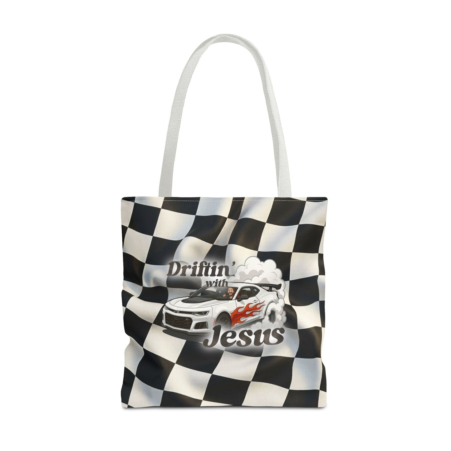 Driftin' with Jesus Racing Tote Bag - Checkered Flag Christian Car Gift
