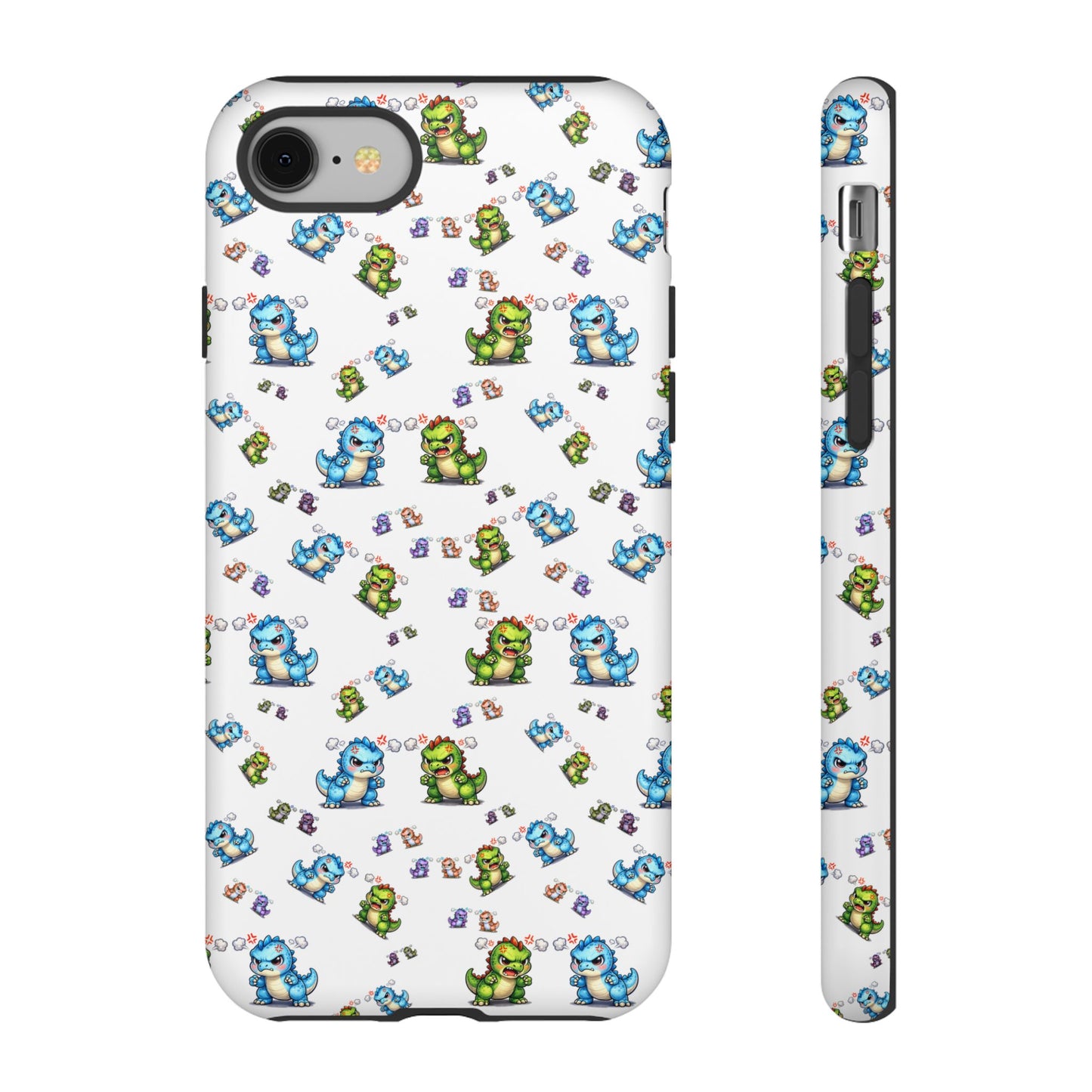 Cute Dino Pattern Phone Case — Cartoon Green & Blue Dino Tough Case, Protective iPhone Cover