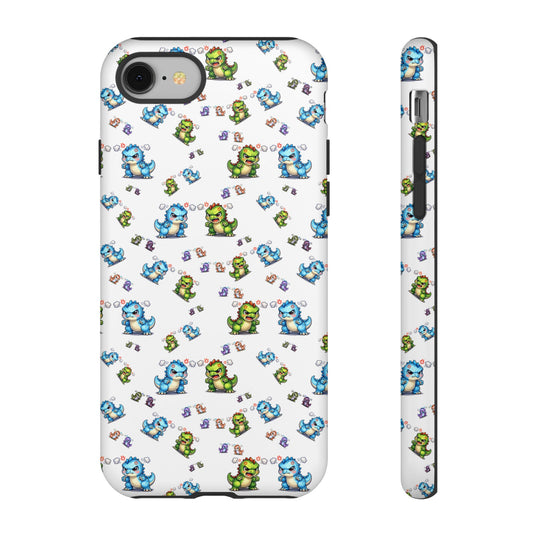 Cute Dino Pattern Phone Case — Cartoon Green & Blue Dino Tough Case, Protective iPhone Cover