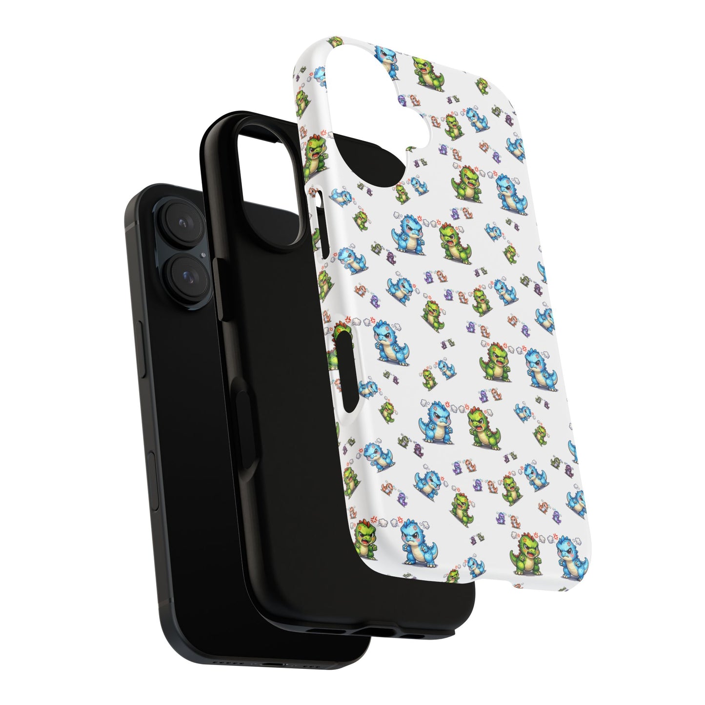 Cute Dino Pattern Phone Case — Cartoon Green & Blue Dino Tough Case, Protective iPhone Cover