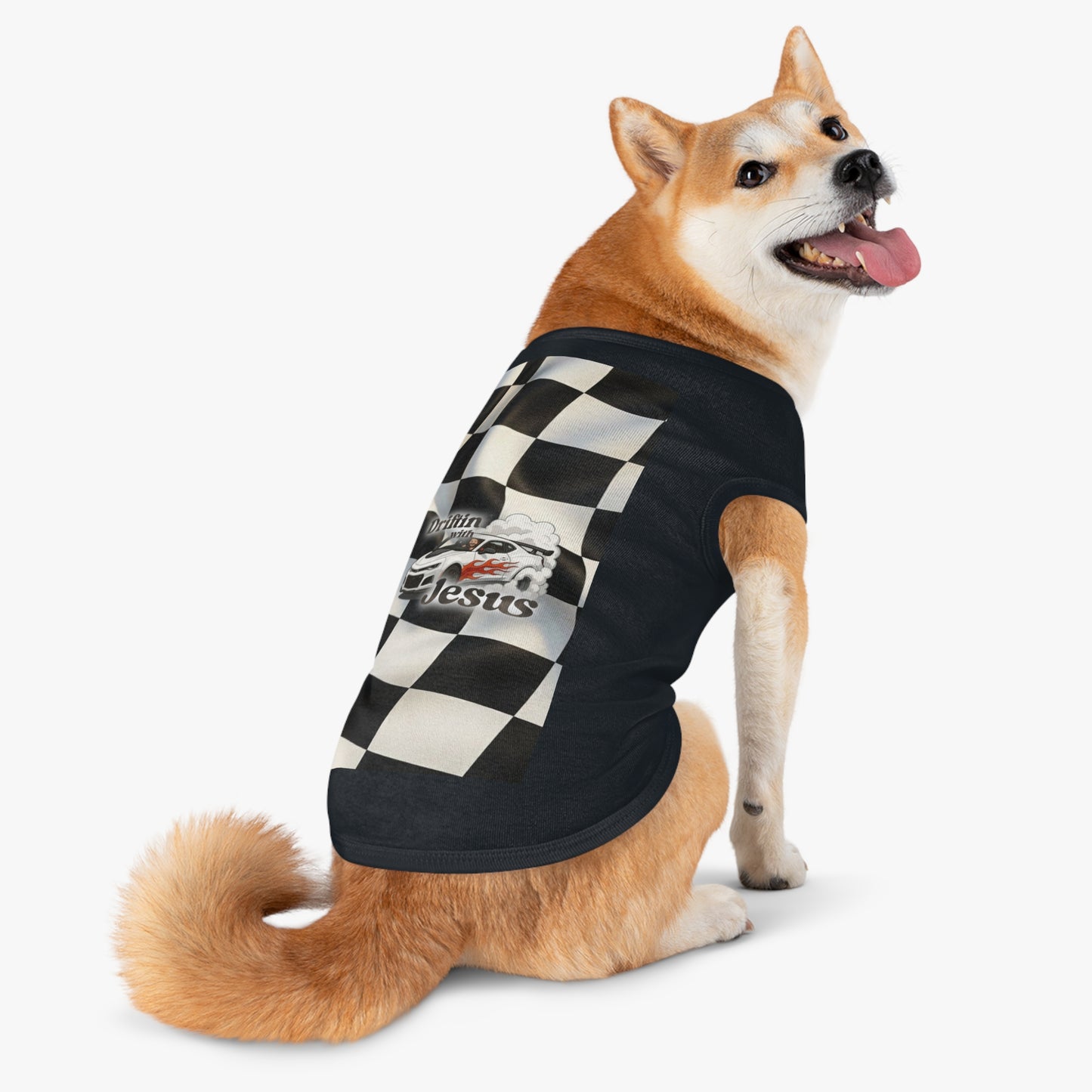 Pet Tank Top — "Driftin' with Jesus" Racing Flag Dog Shirt