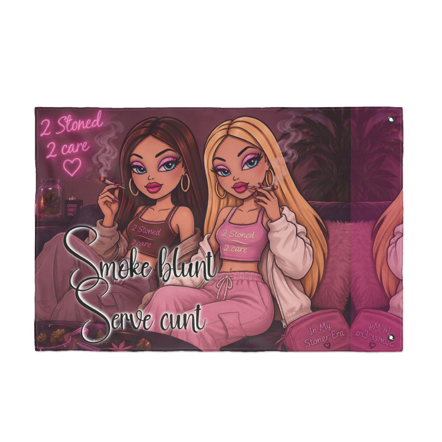 Double-Sided Flag - 'Smoke blunt Serve cunt' Pink Stoner Girl Decorative Garden Banner