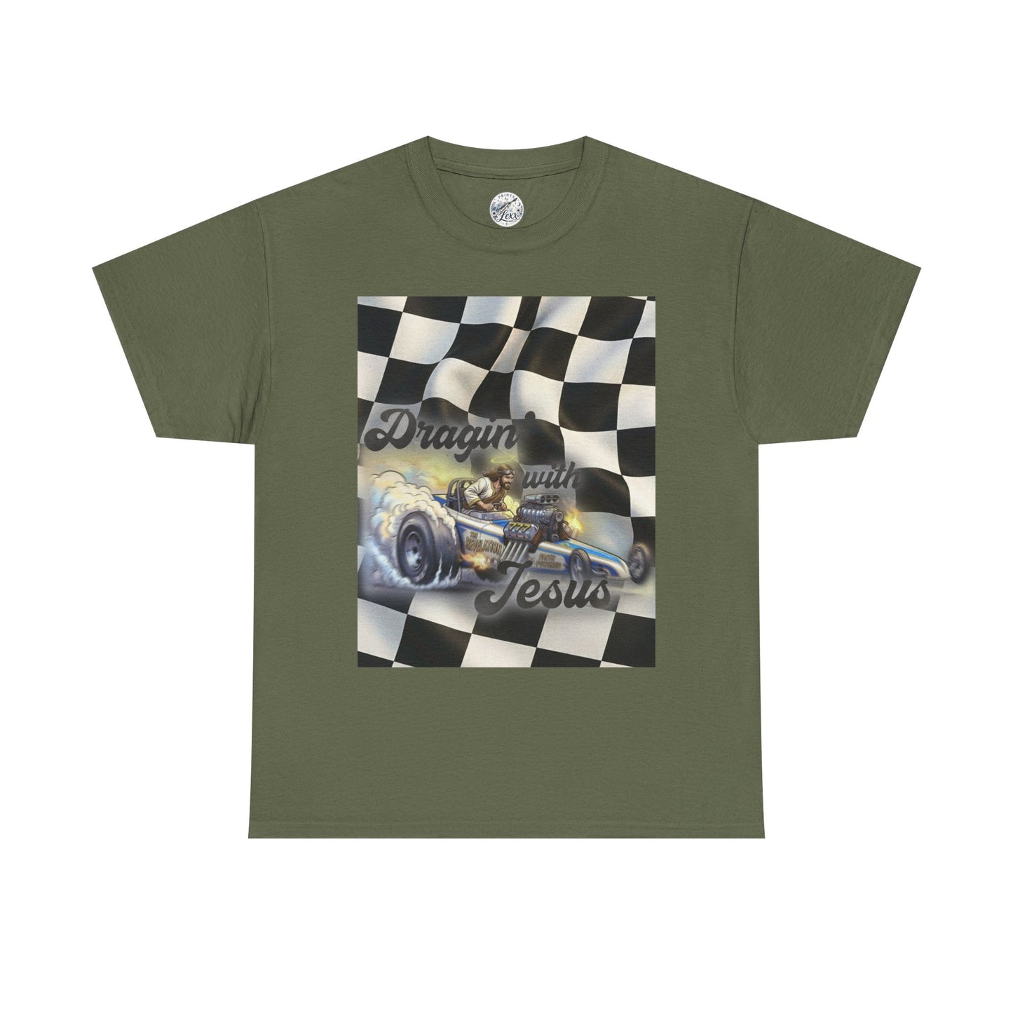 Racing Faith Tee – "Draggin' for Jesus" Checkered Flag Racing T-Shirt