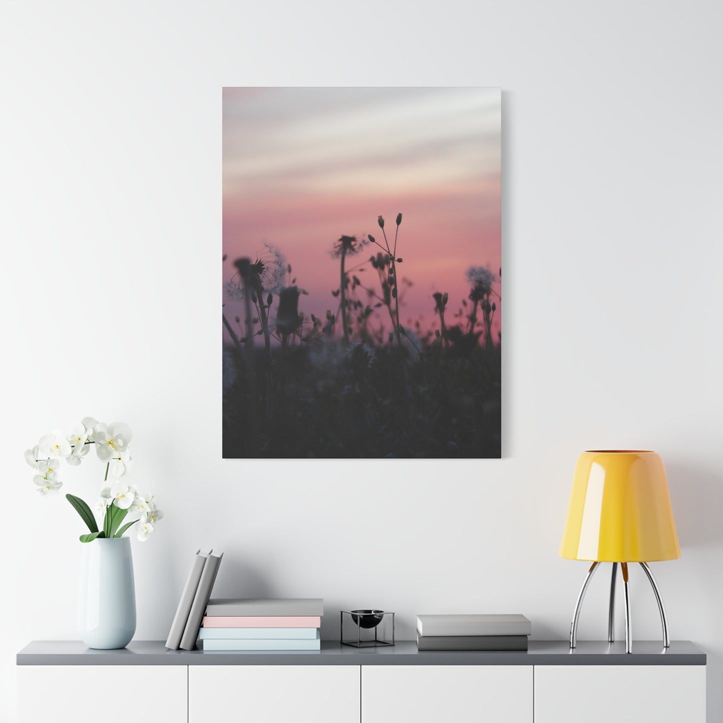 Canvas Wall Art - Silhouetted Wildflowers at Pink Sunset