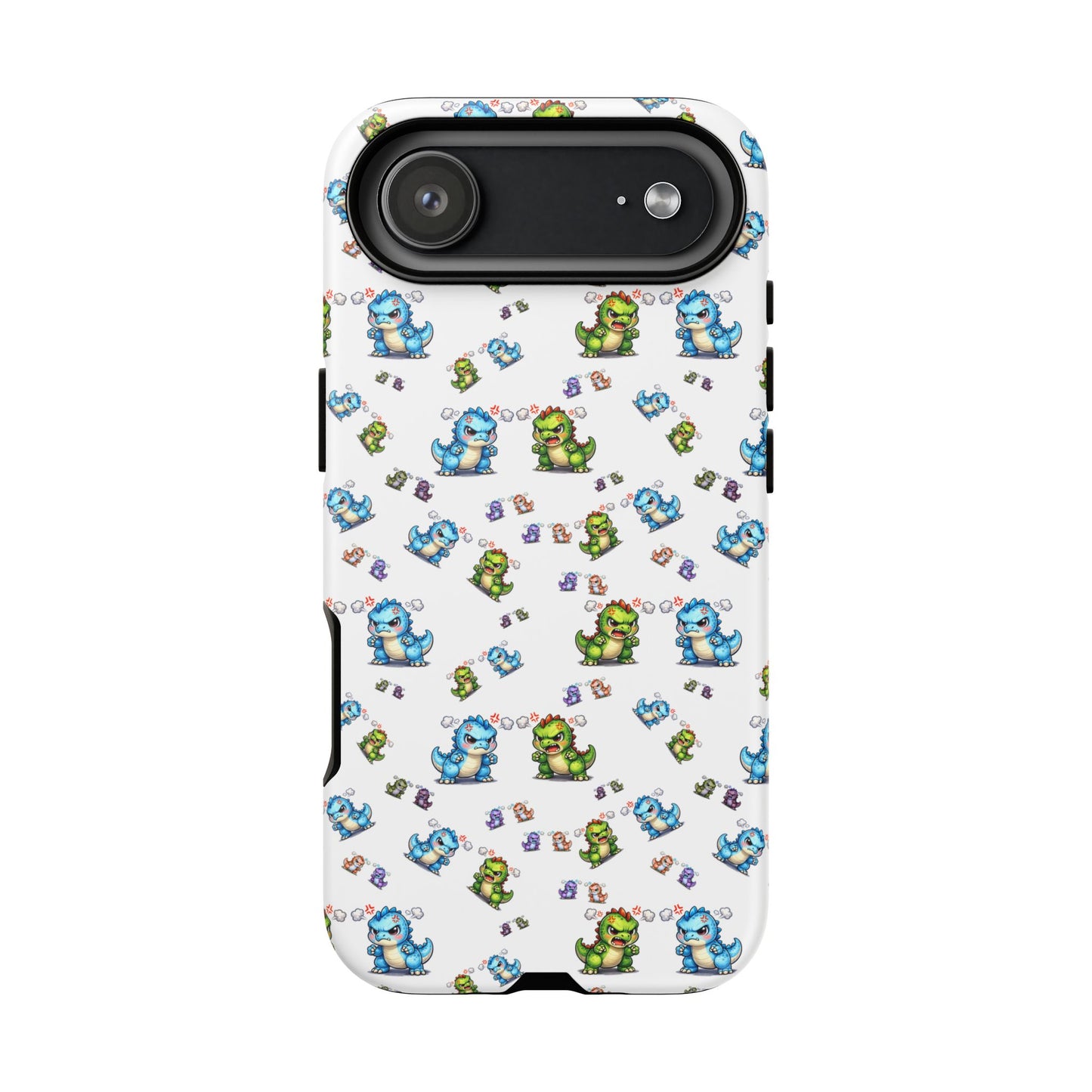 Cute Dino Pattern Phone Case — Cartoon Green & Blue Dino Tough Case, Protective iPhone Cover