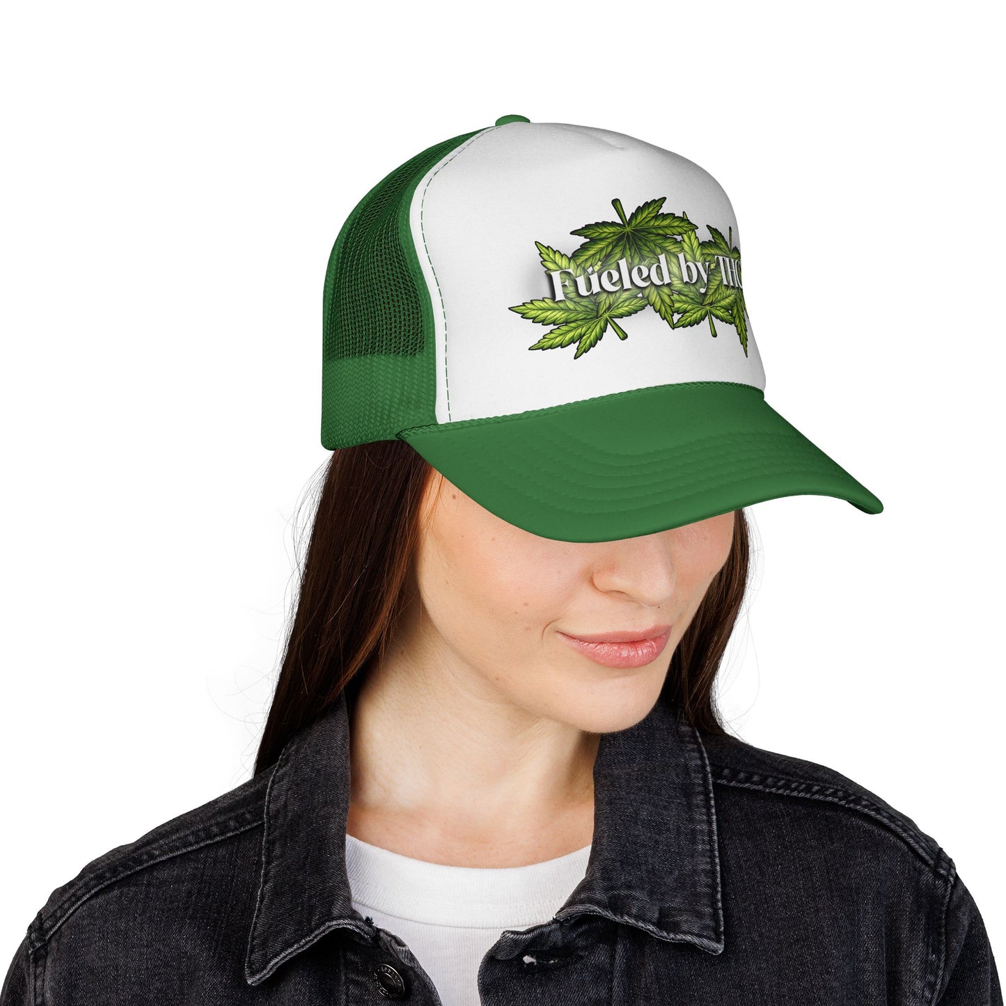 Trucker Cap — "Fueled by THC" Leaf Graphic Mesh Hat