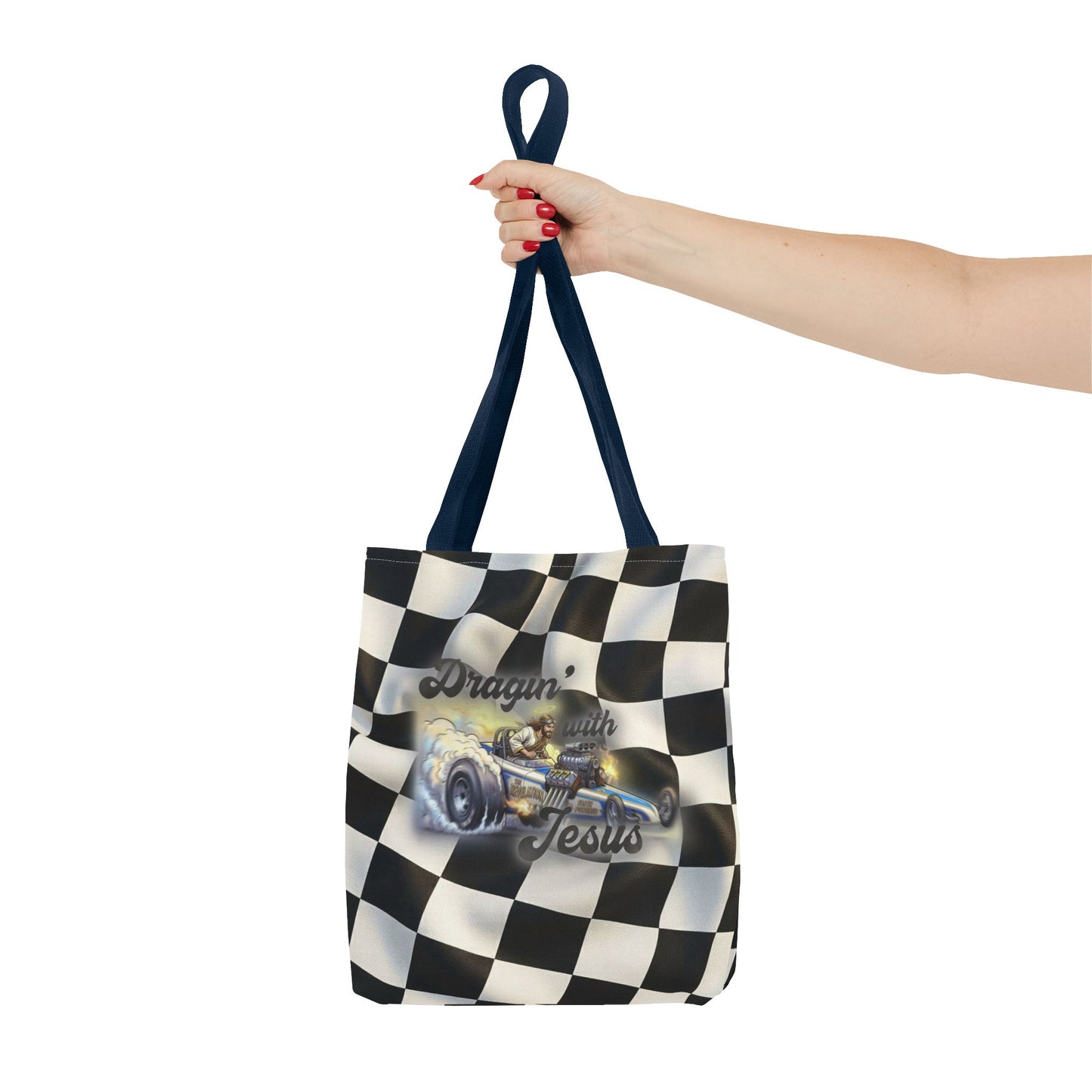 Dragin' Jesus Racing Tote Bag — Checkered Flag Vintage Hot Rod Tote