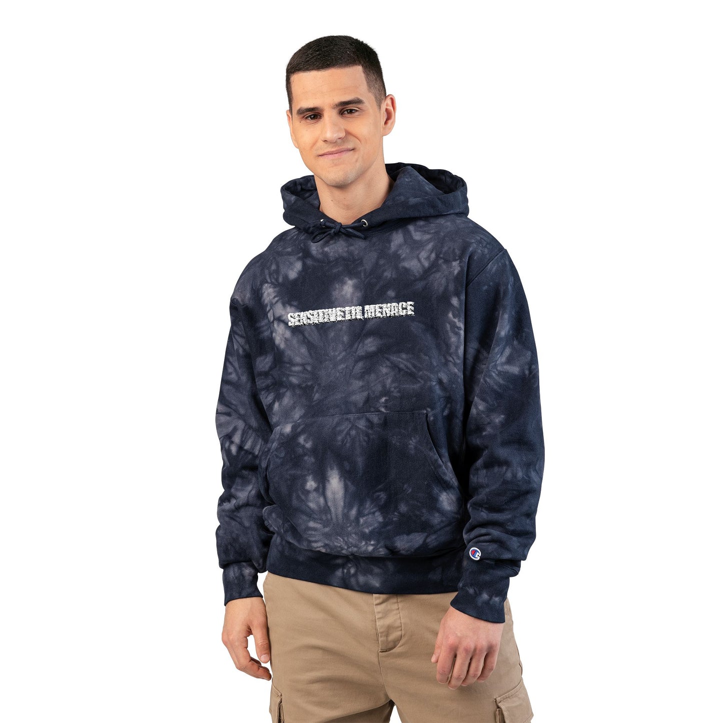Tie-Dye Embroidered Hoodie — 'Sensitive lil menace' Champion Pullover
