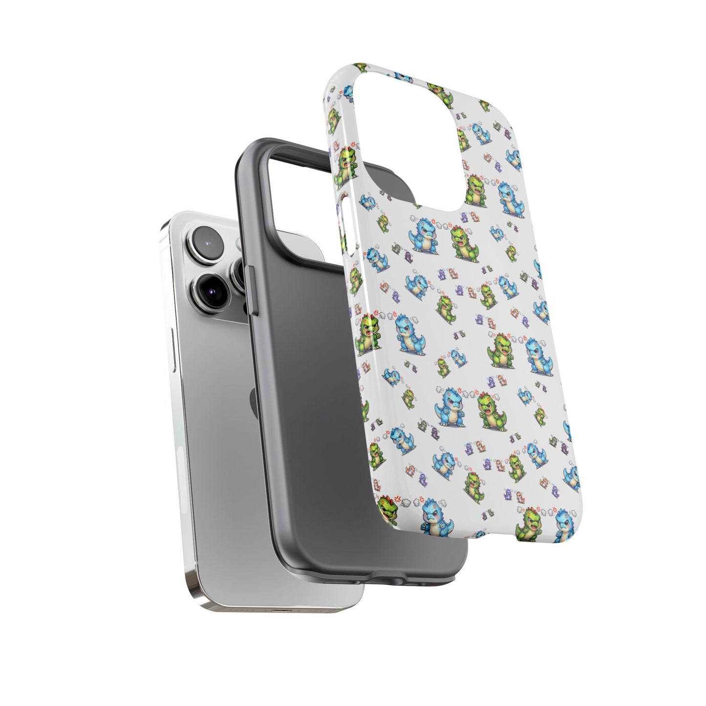 Cute Dino Pattern Phone Case — Cartoon Green & Blue Dino Tough Case, Protective iPhone Cover