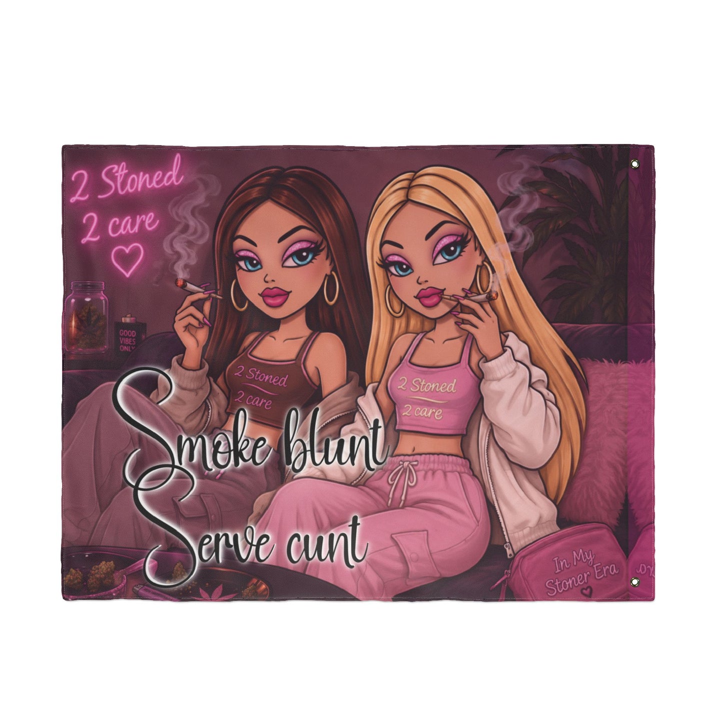 Double-Sided Flag - 'Smoke blunt Serve cunt' Pink Stoner Girl Decorative Garden Banner