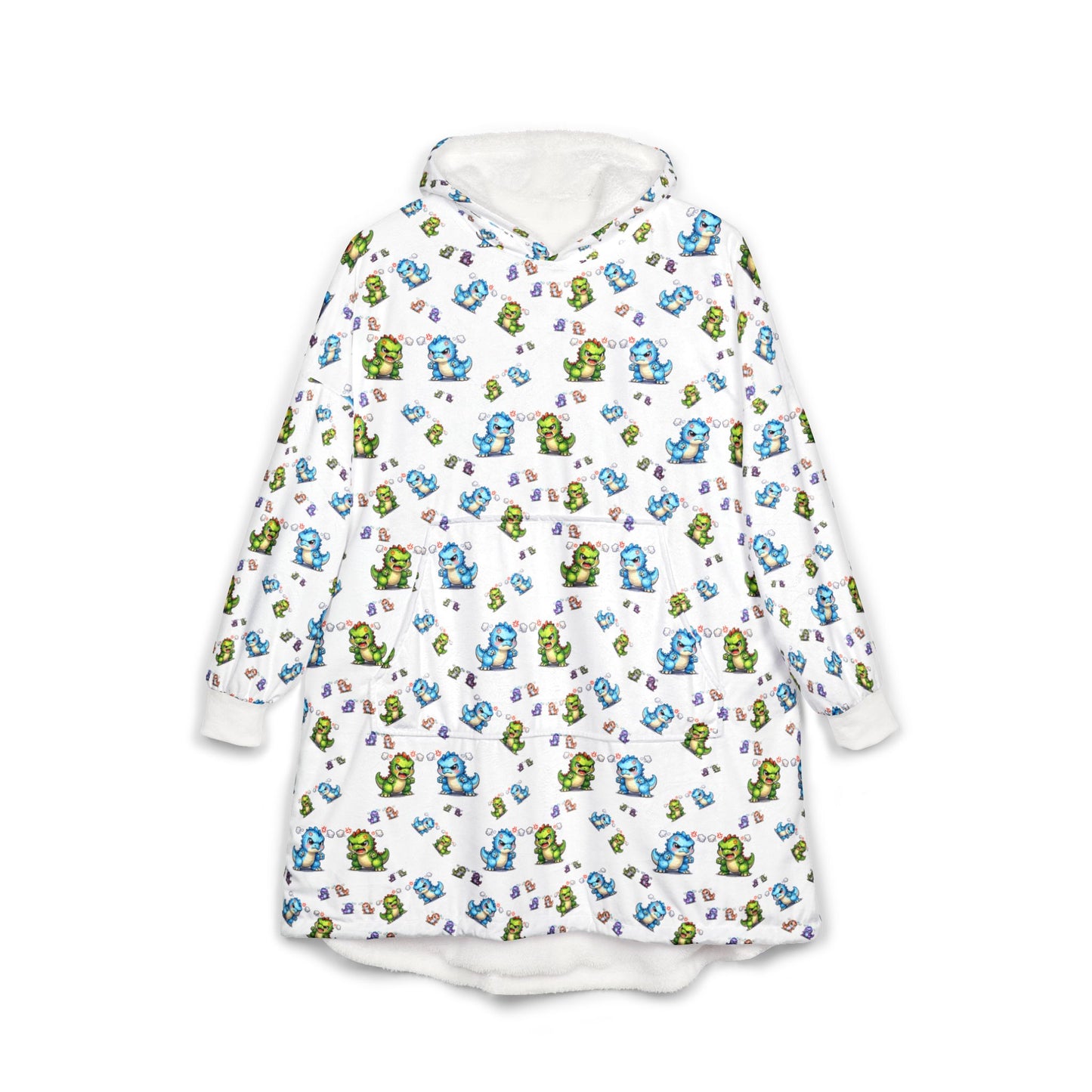Hooded Blanket — Cozy Plush Hoodie with Cute Blue & Green Character Print