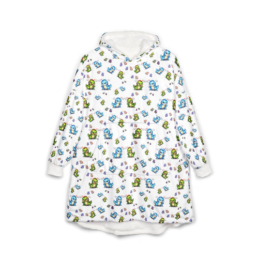 Hooded Blanket — Cozy Plush Hoodie with Cute Blue & Green Character Print