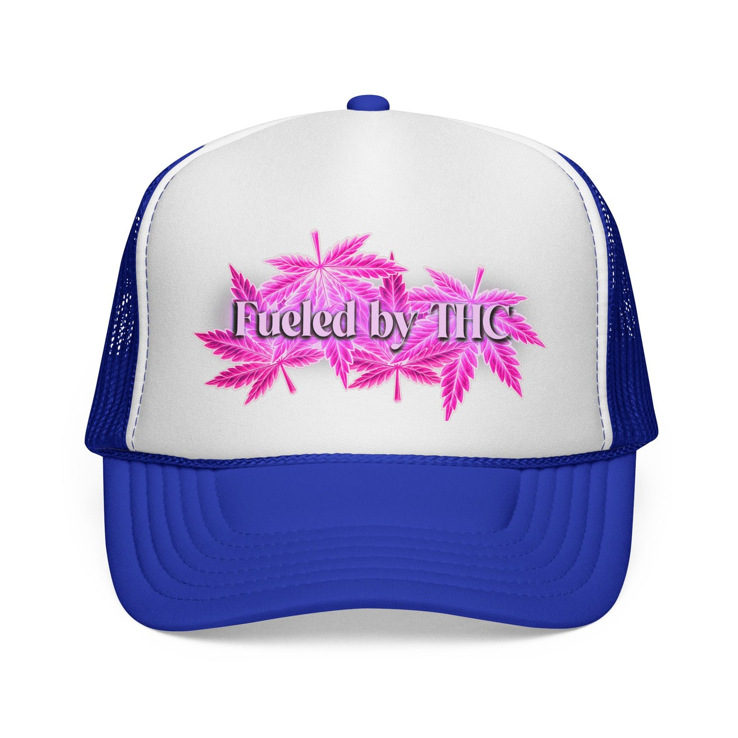 Trucker Cap — 'Fueled by THC' Pink Cannabis Leaf Mesh Hat