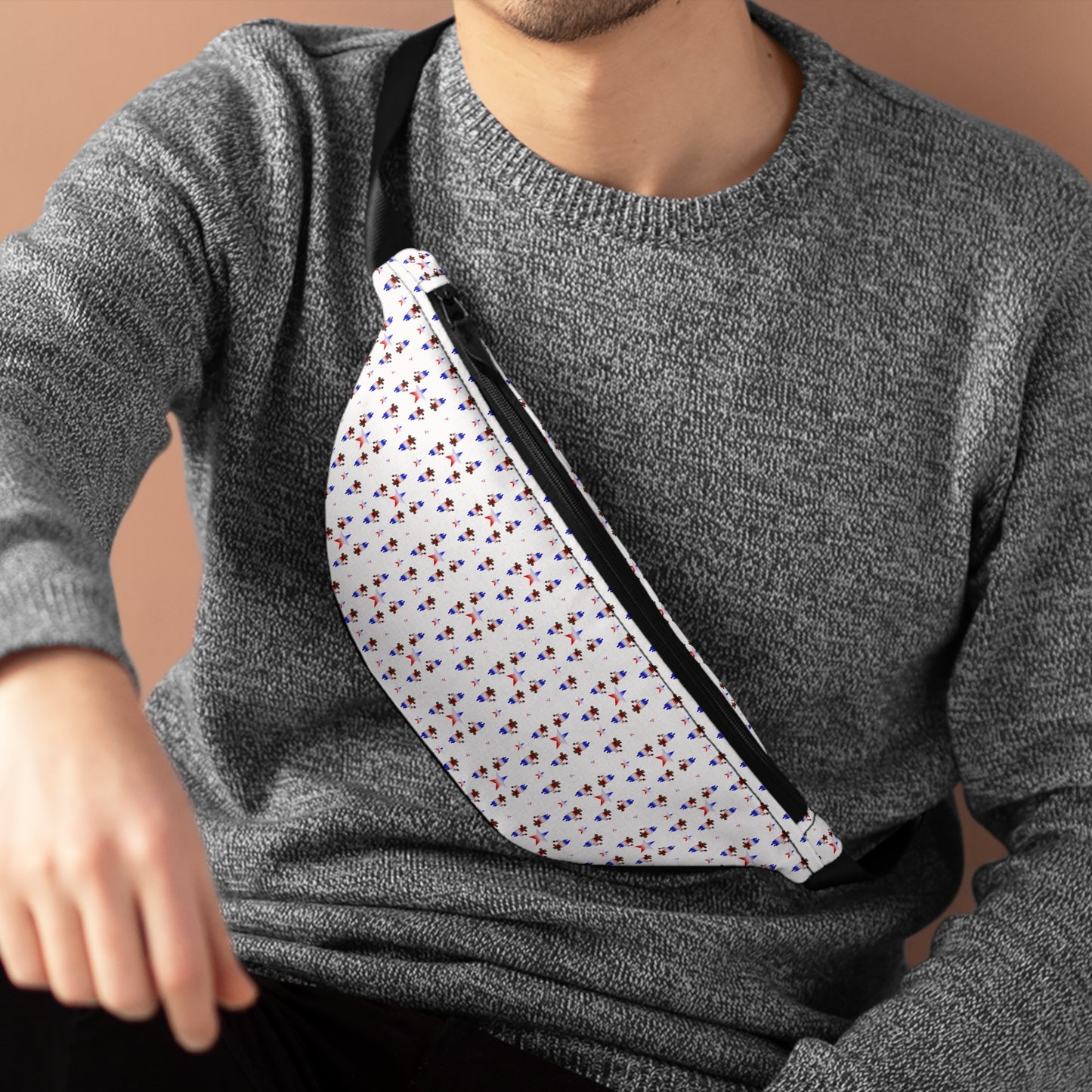 Fanny Pack — Petite Floral Pattern Waist Bag, White with Tiny Red & Blue Flowers