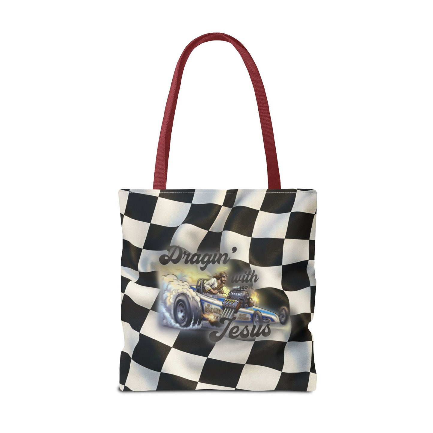 Dragin' Jesus Racing Tote Bag — Checkered Flag Vintage Hot Rod Tote