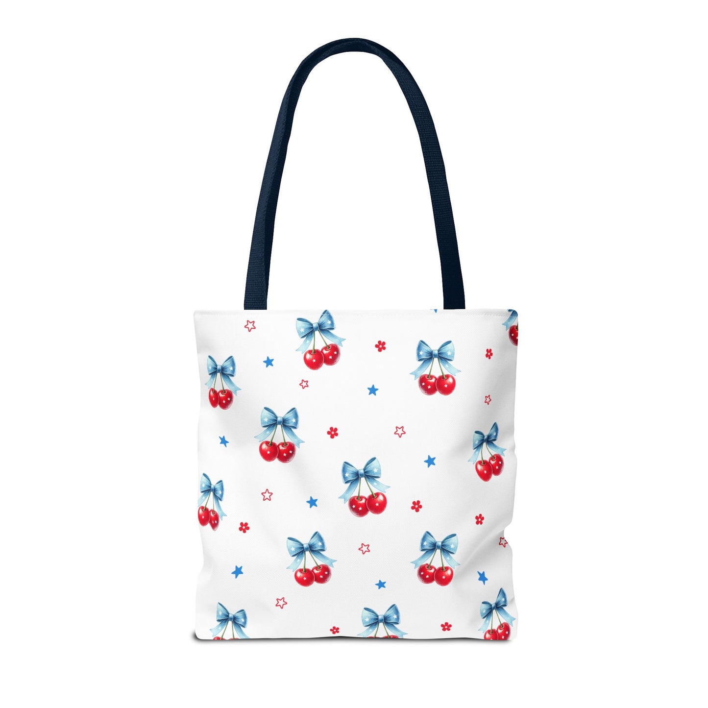 Cherry Bow Tote Bag — Cute Red Cherries with Blue Bows Patterned Shopper
