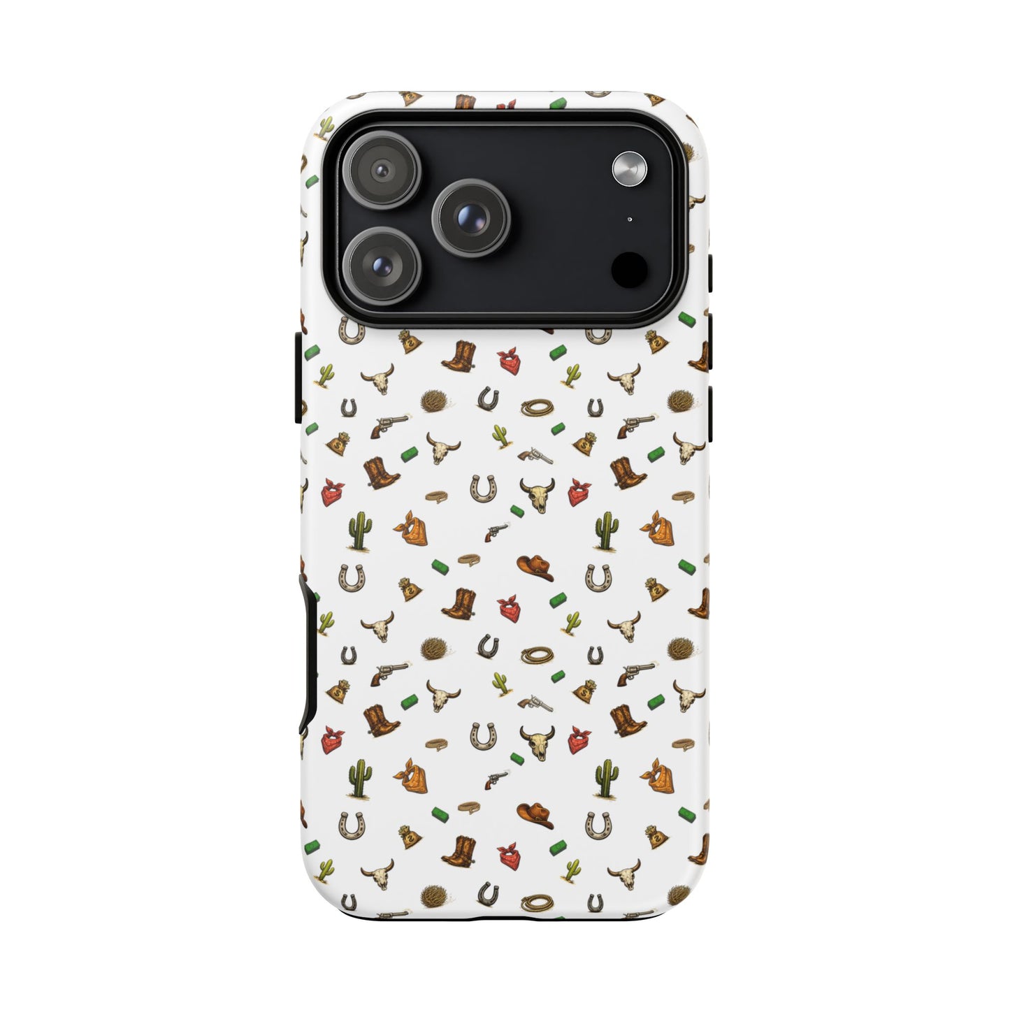Western Cowboy Pattern Phone Case — Rodeo Hat, Horseshoe & Cactus Tough Case