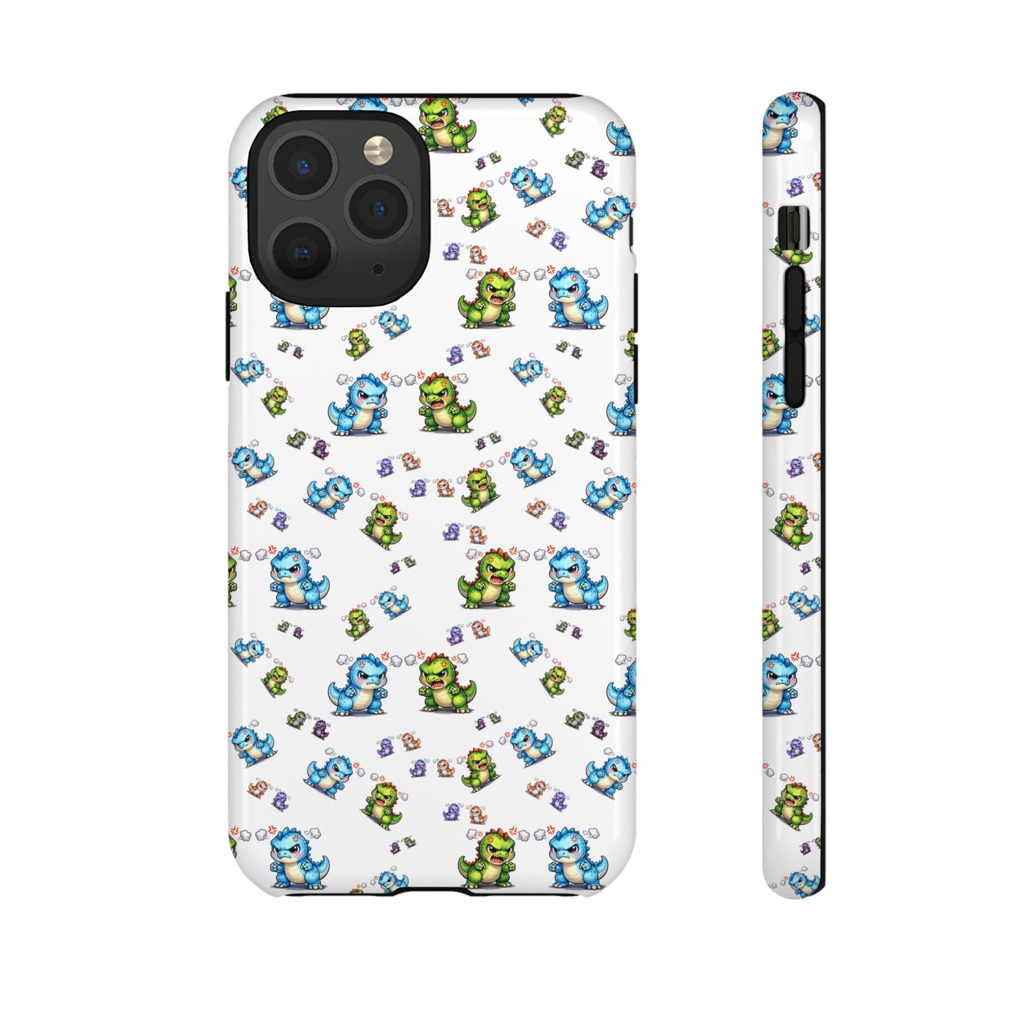 Cute Dino Pattern Phone Case — Cartoon Green & Blue Dino Tough Case, Protective iPhone Cover