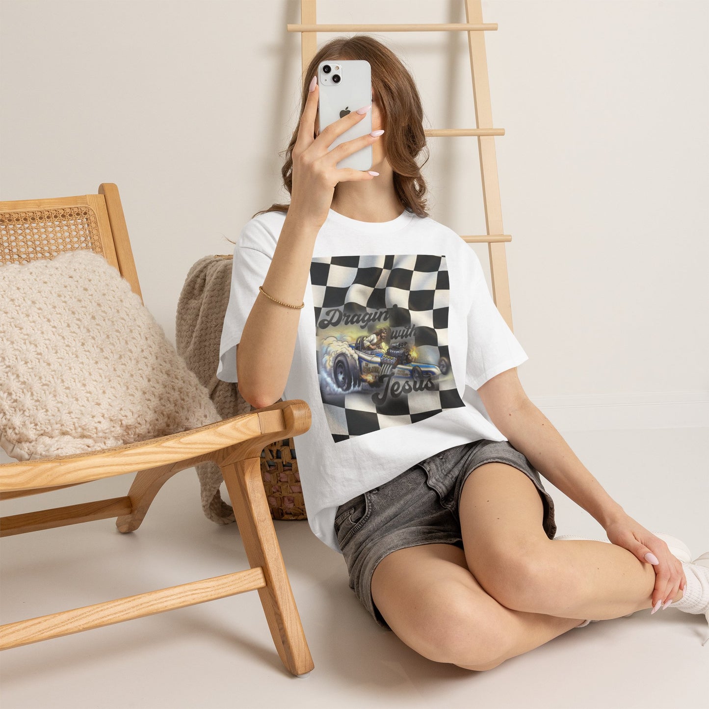 Racing Faith Tee – "Draggin' for Jesus" Checkered Flag Racing T-Shirt