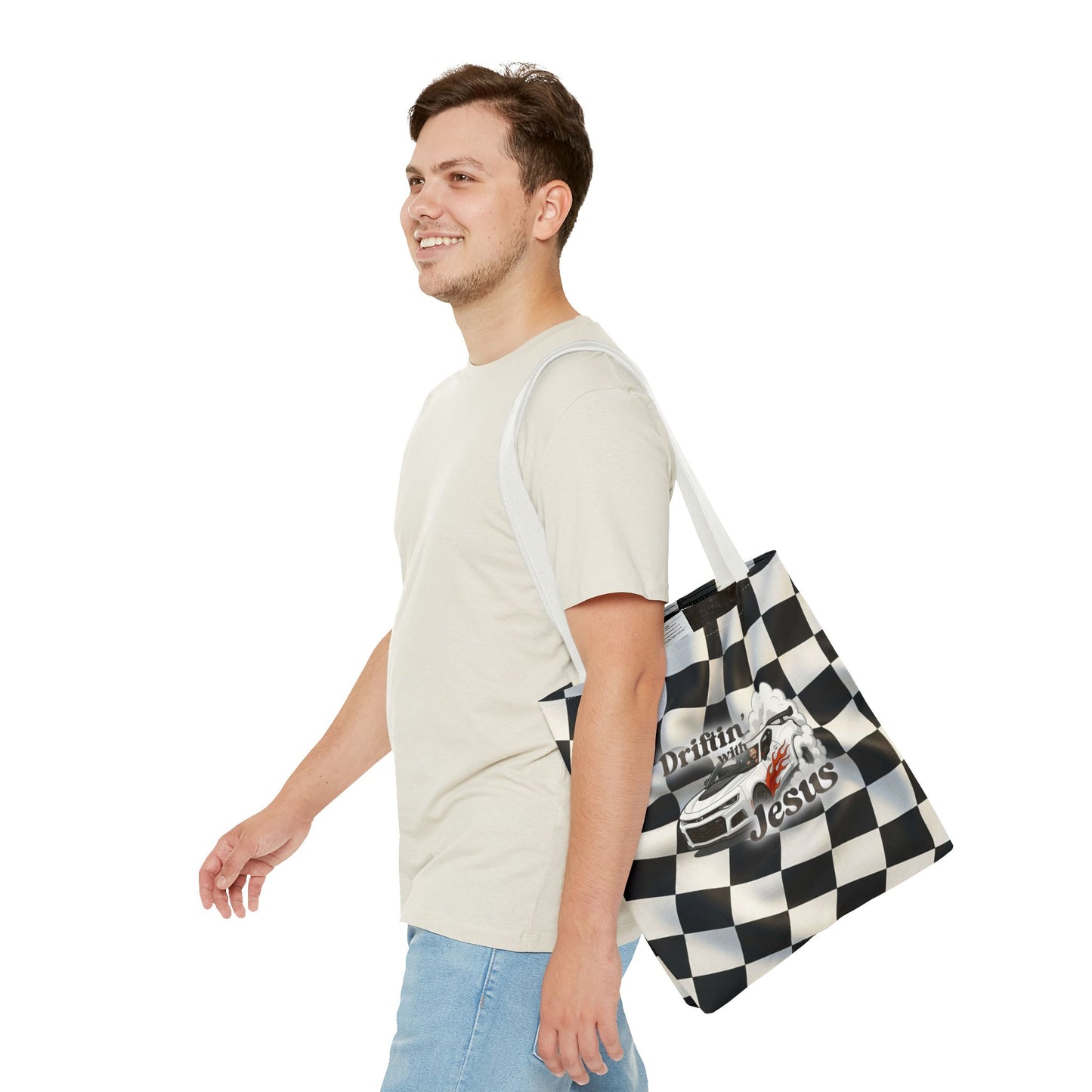 Driftin' with Jesus Racing Tote Bag - Checkered Flag Christian Car Gift