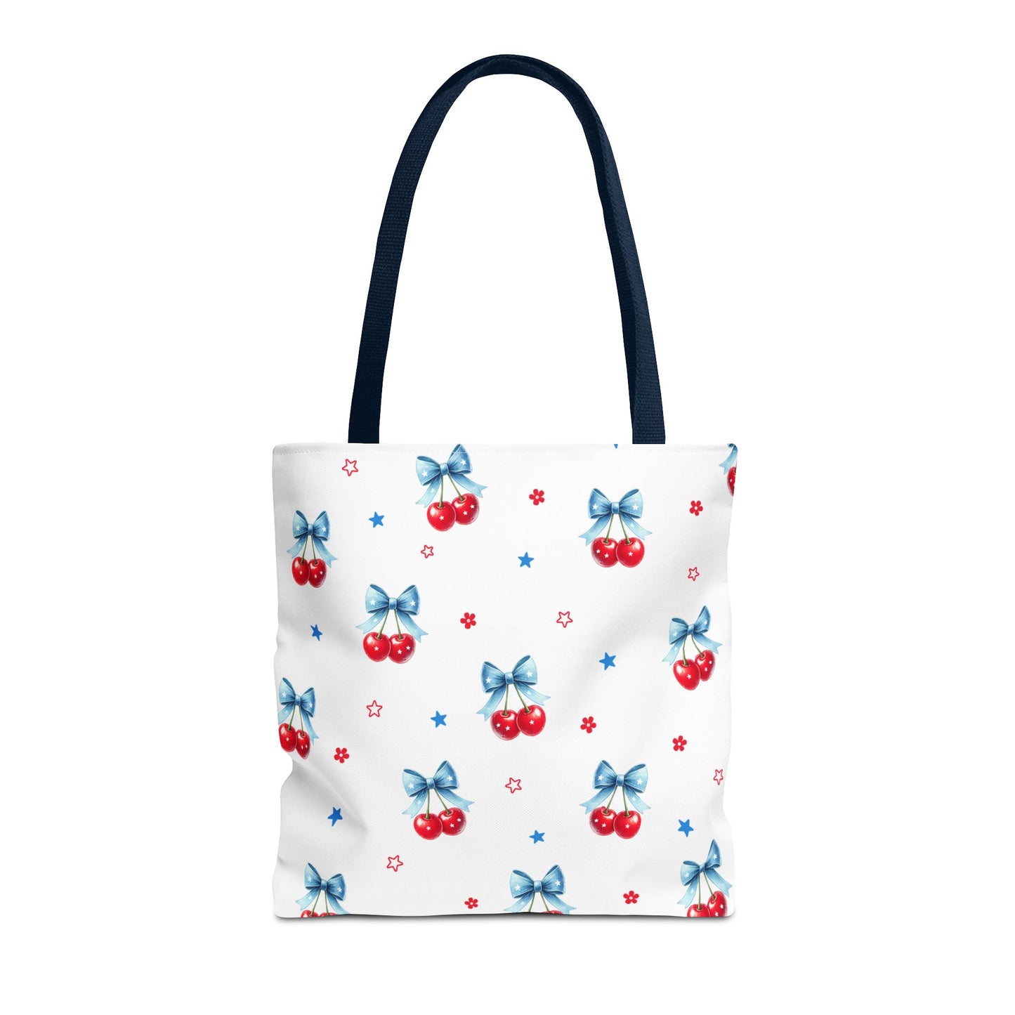 Cherry Bow Tote Bag — Cute Red Cherries with Blue Bows Patterned Shopper