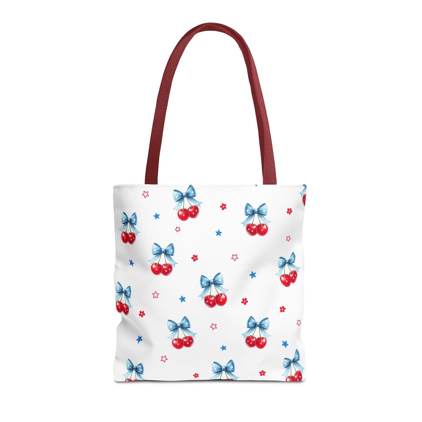 Cherry Bow Tote Bag — Cute Red Cherries with Blue Bows Patterned Shopper