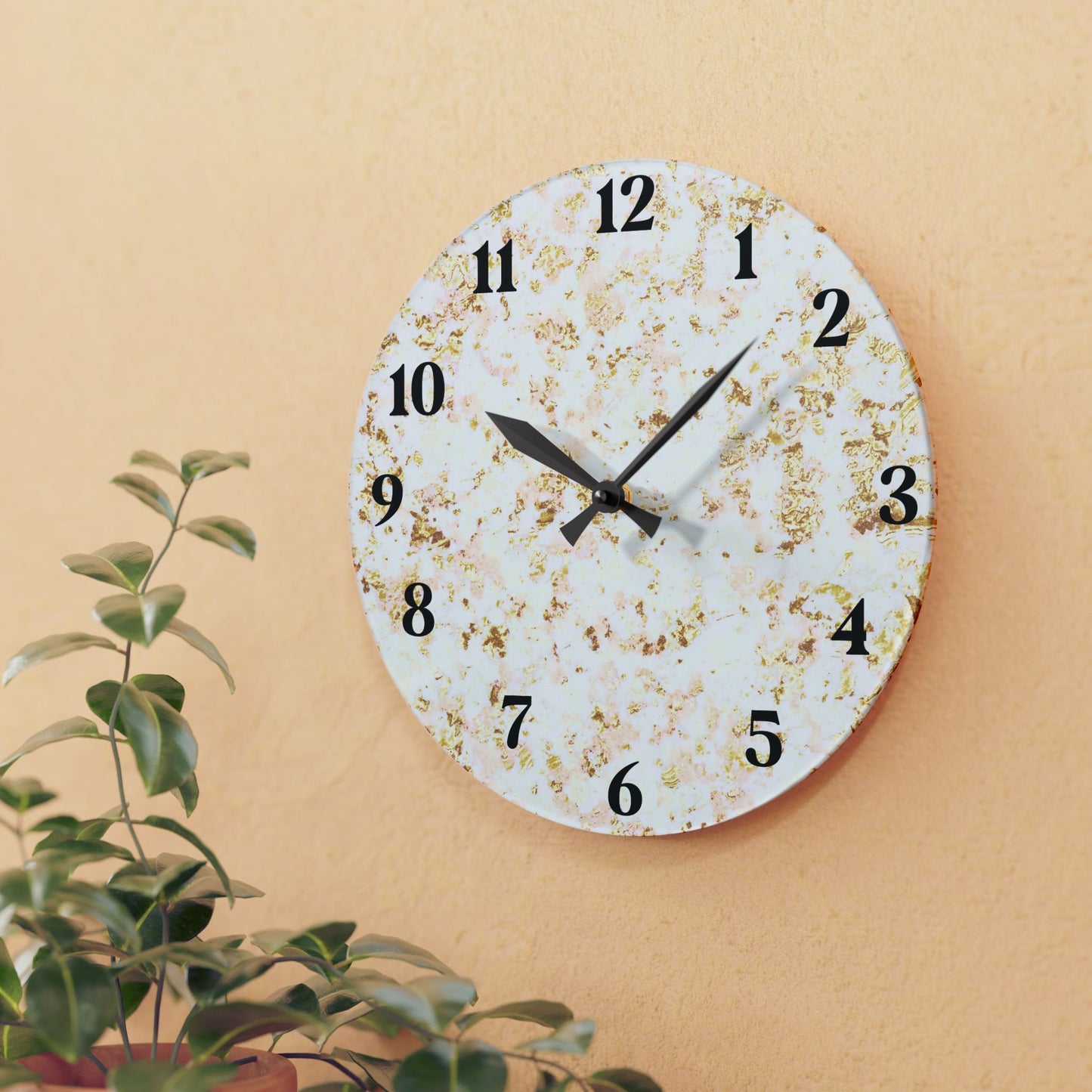 Marble Accent Acrylic Wall Clock — Elegant Gold Fleck Home Decor
