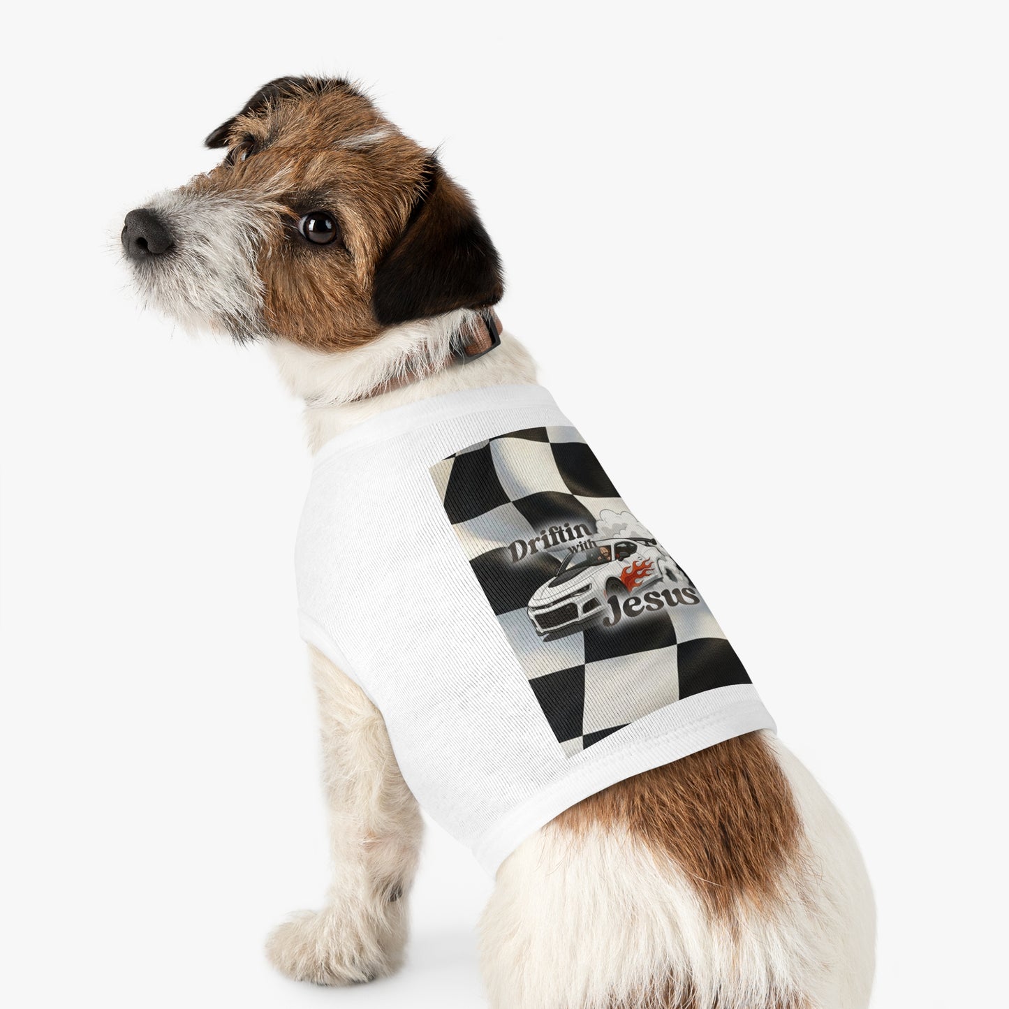 Pet Tank Top — "Driftin' with Jesus" Racing Flag Dog Shirt