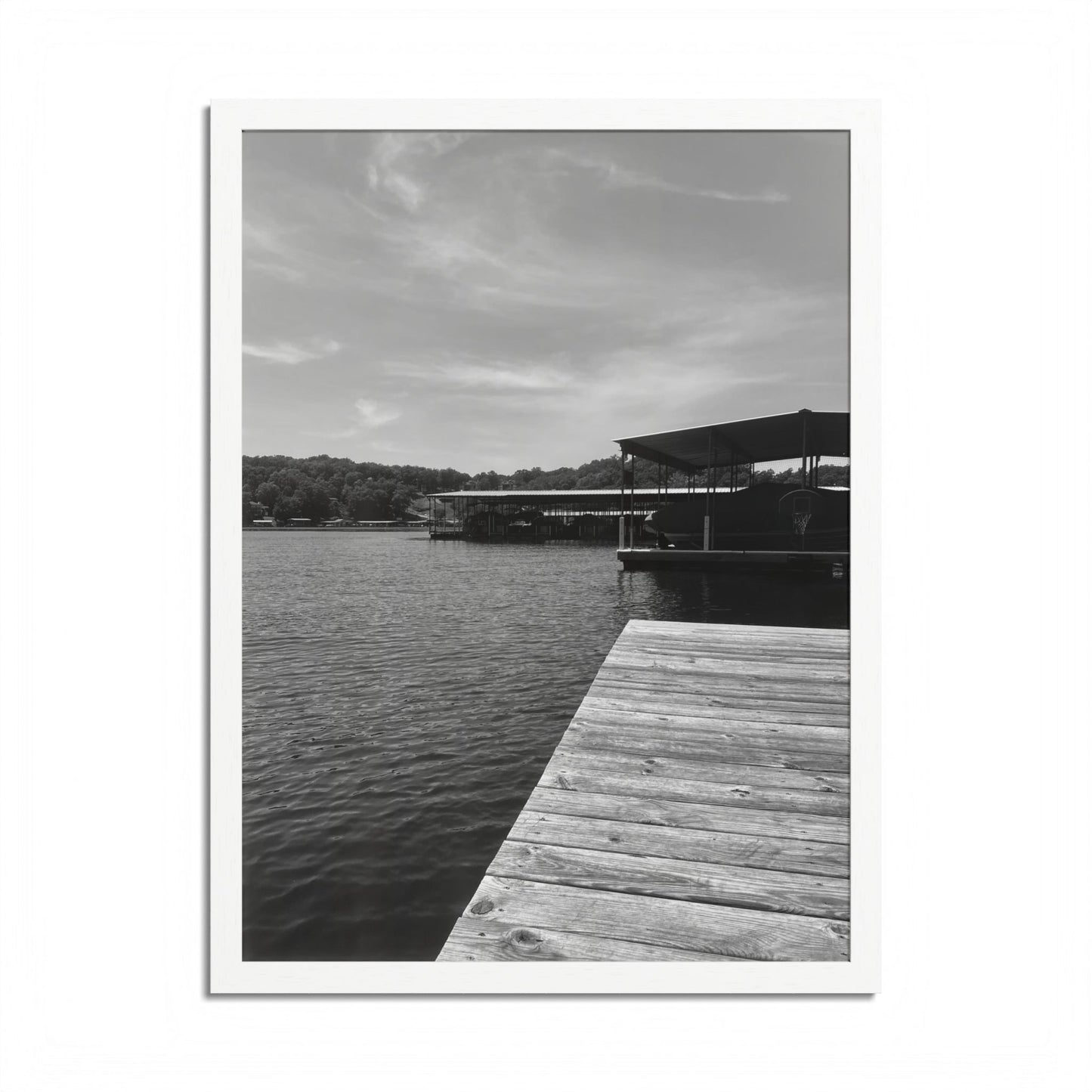 Lake Dock Framed Poster — Black & White Waterfront Wall Art