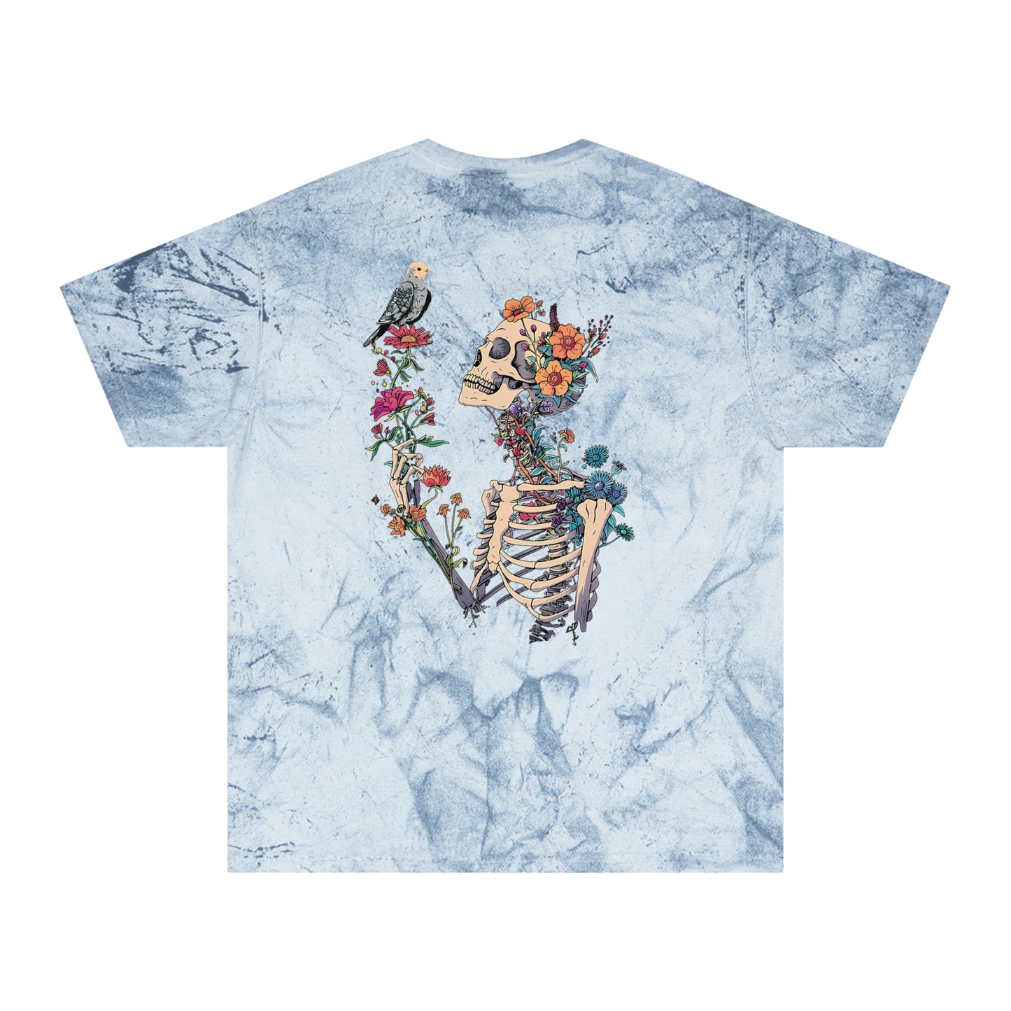 Floral Skeleton Graphic T-Shirt – Color Blast Skull & Bird Design