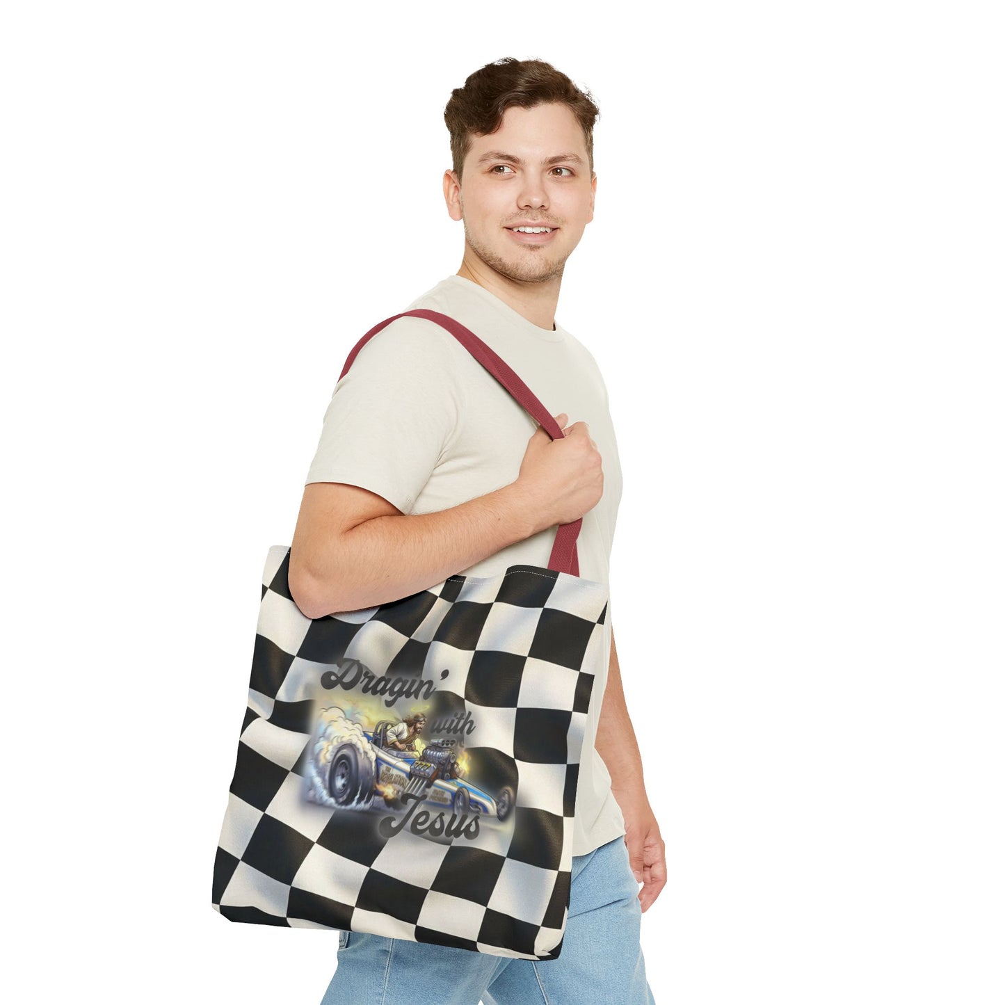 Dragin' Jesus Racing Tote Bag — Checkered Flag Vintage Hot Rod Tote
