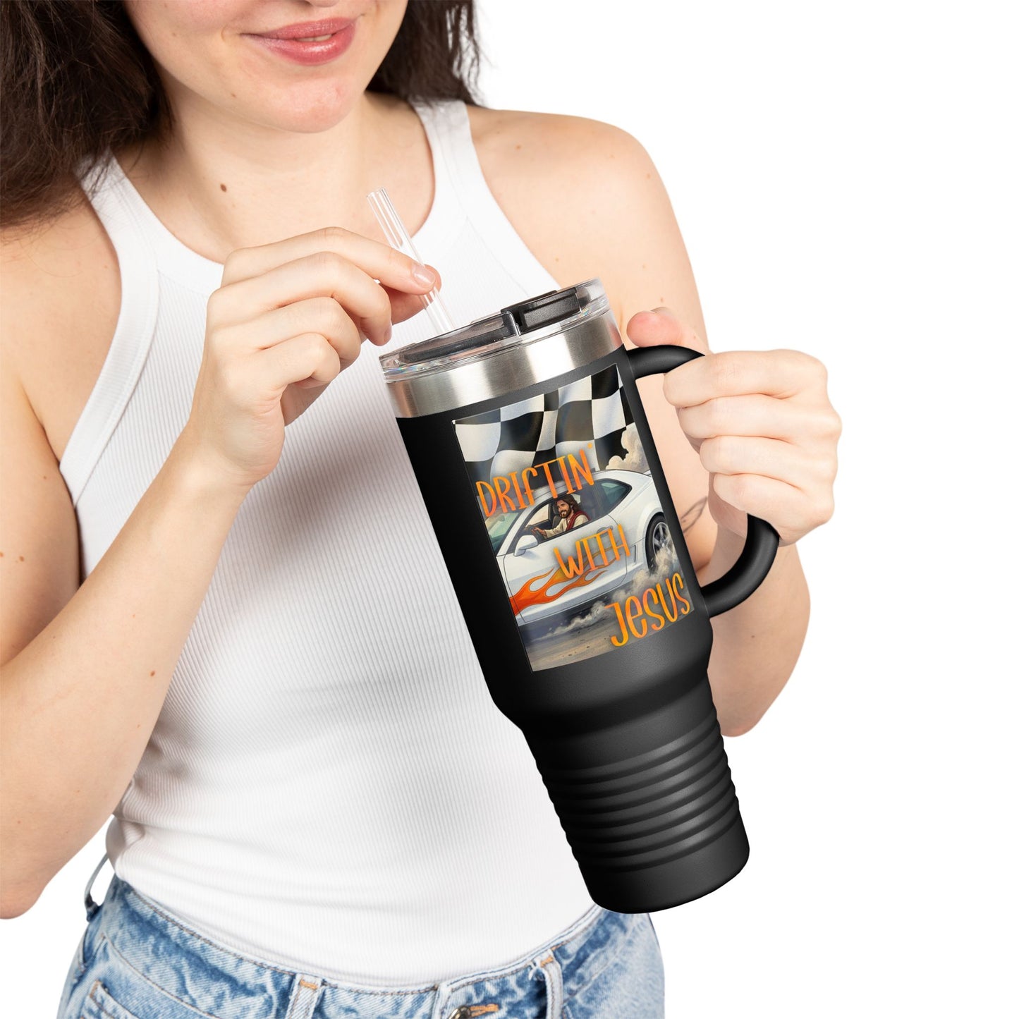 40oz Insulated Travel Mug — Vintage Race Car on Checkered Flag